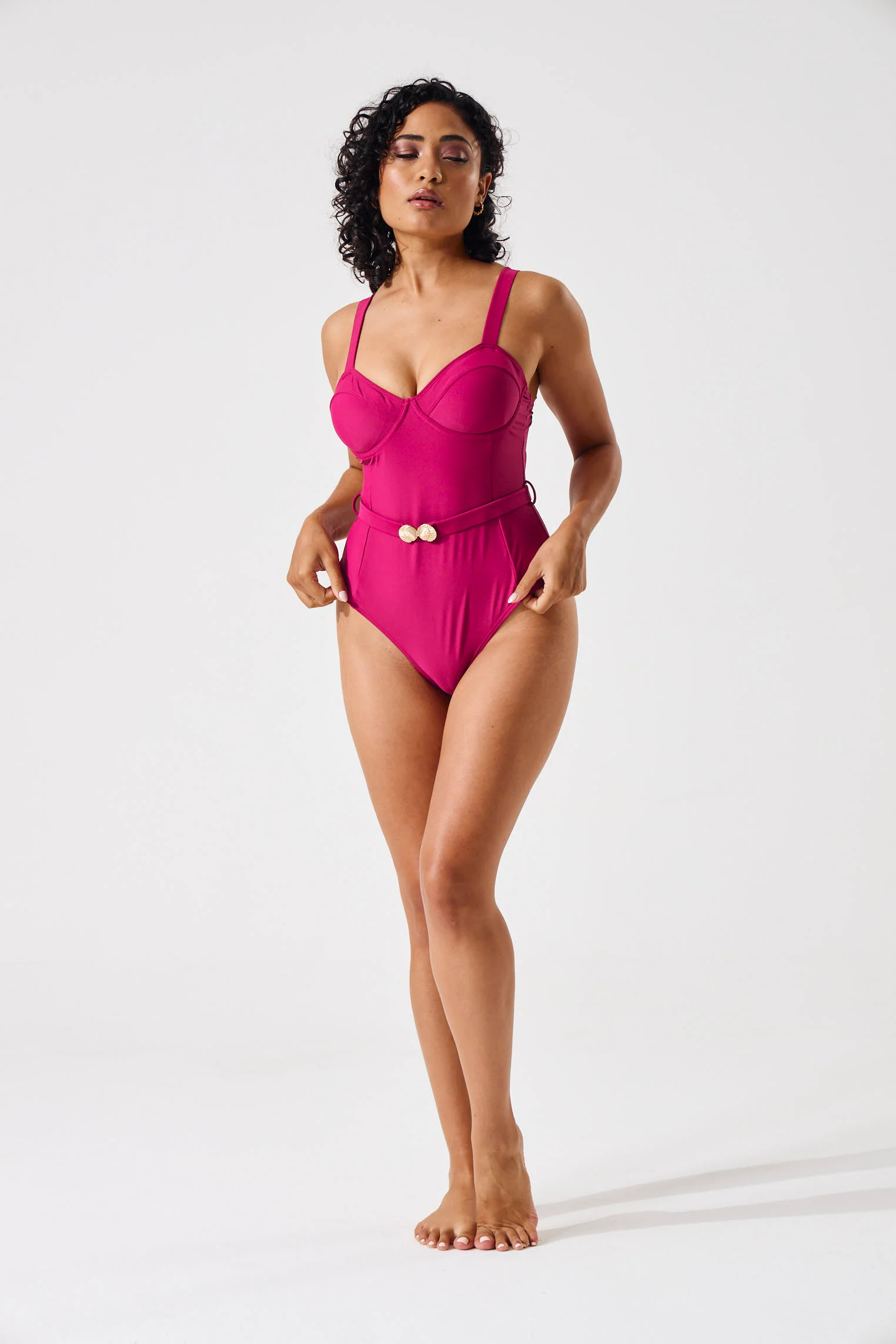 1 Piece Belted Underwire Swimsuit - Berry - Image 8