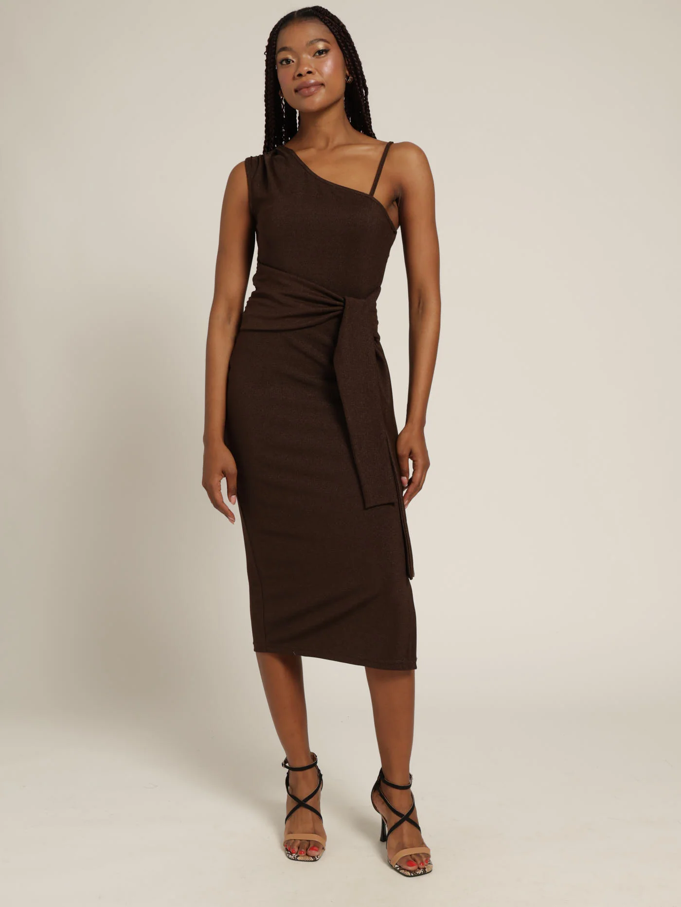 1 Shoulder Metallic Waist Tie Dress - Chocolate