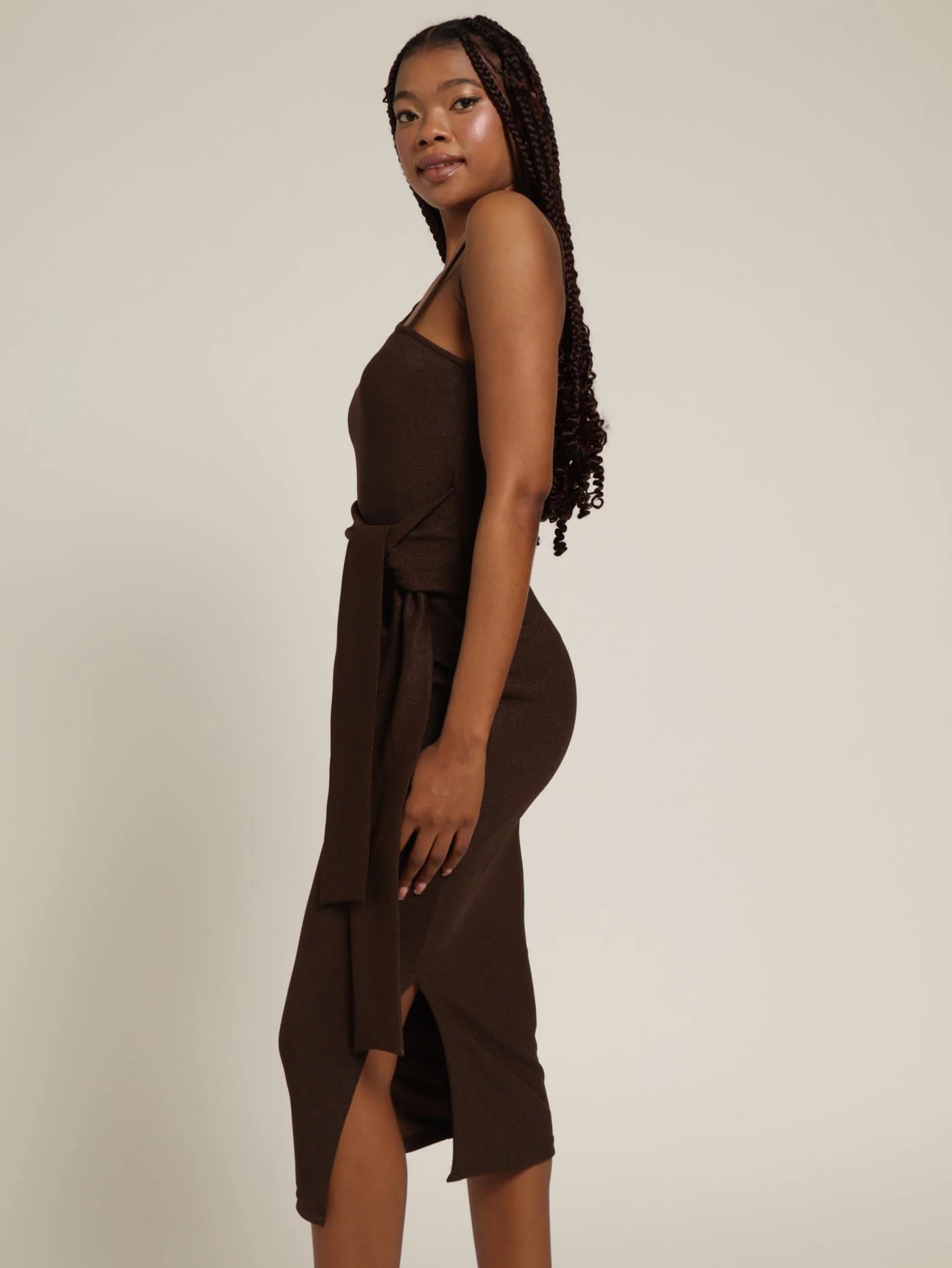 1 Shoulder Metallic Waist Tie Dress - Chocolate - Image 3