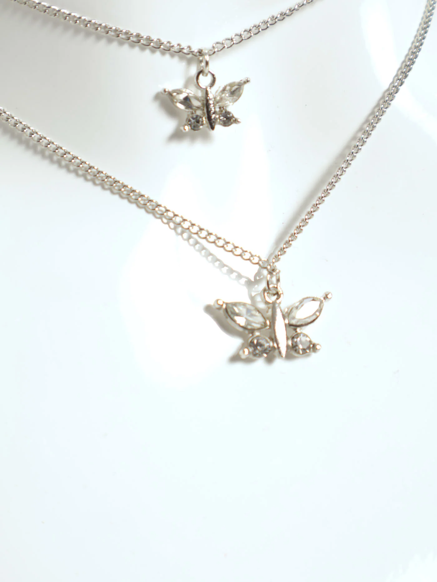 2 Layer Butterfly Pendant Necklace & Earrings - Silver - Image 2