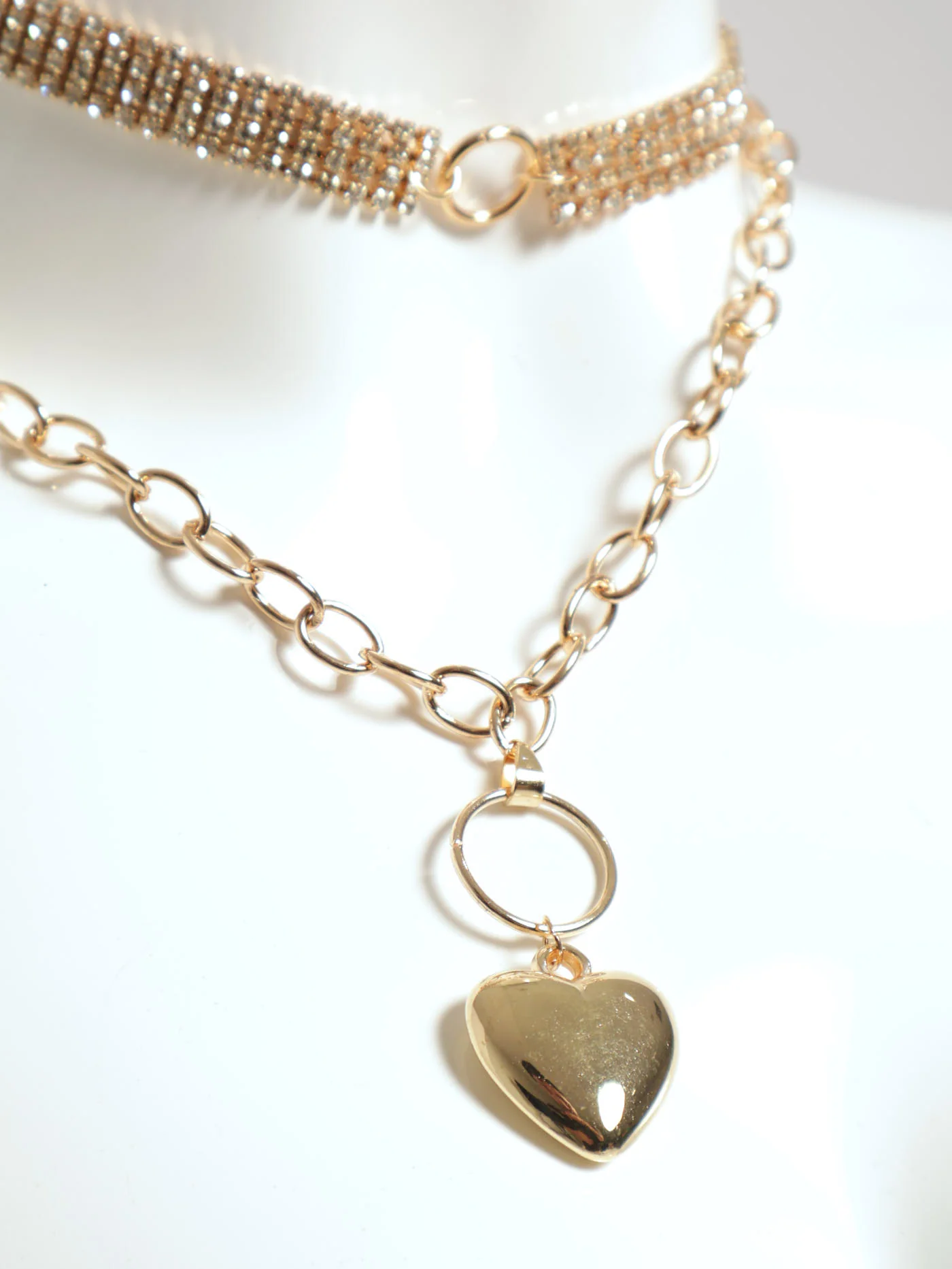 2 Layer Chunky Diamante Choker & Heart Statement Necklace - Gold - Image 2