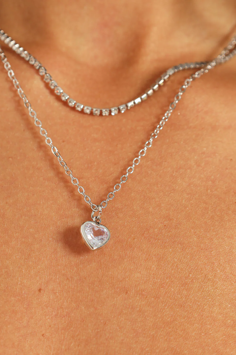 2 Layer Diamante And Diamond Heart Necklace - Silver - Image 2