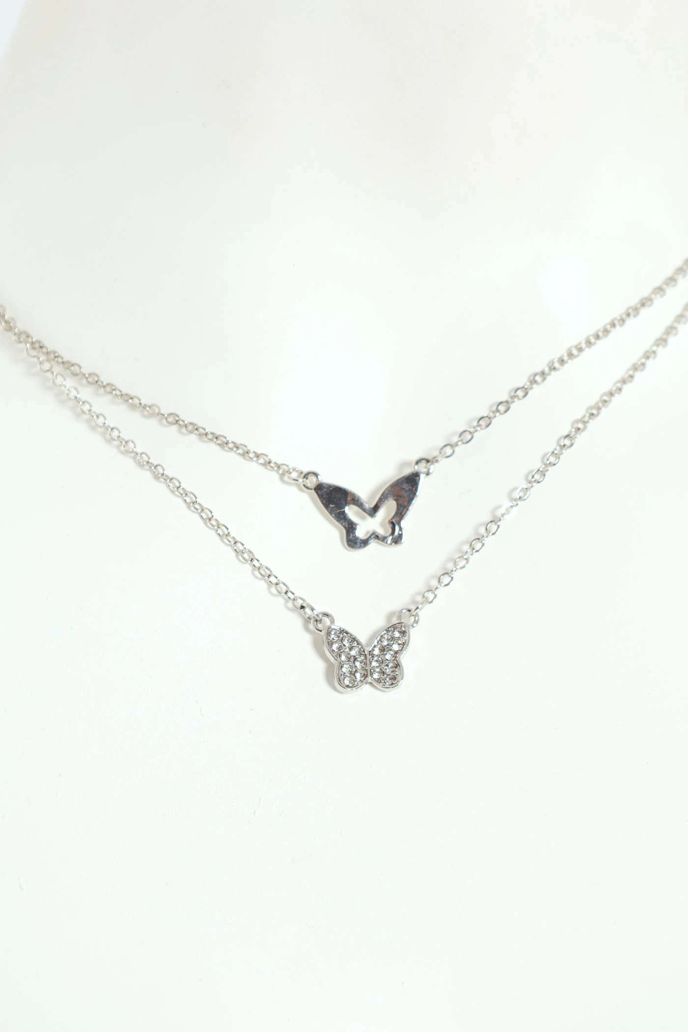 2 Layer Diamante Butterfly Pendant Necklace - Grey