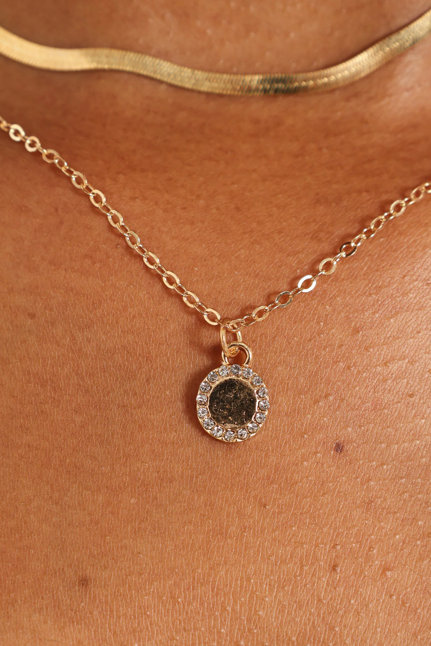 2 Layer Diamante Disc Pendant Necklace & 2 Earrings - Gold - Image 2