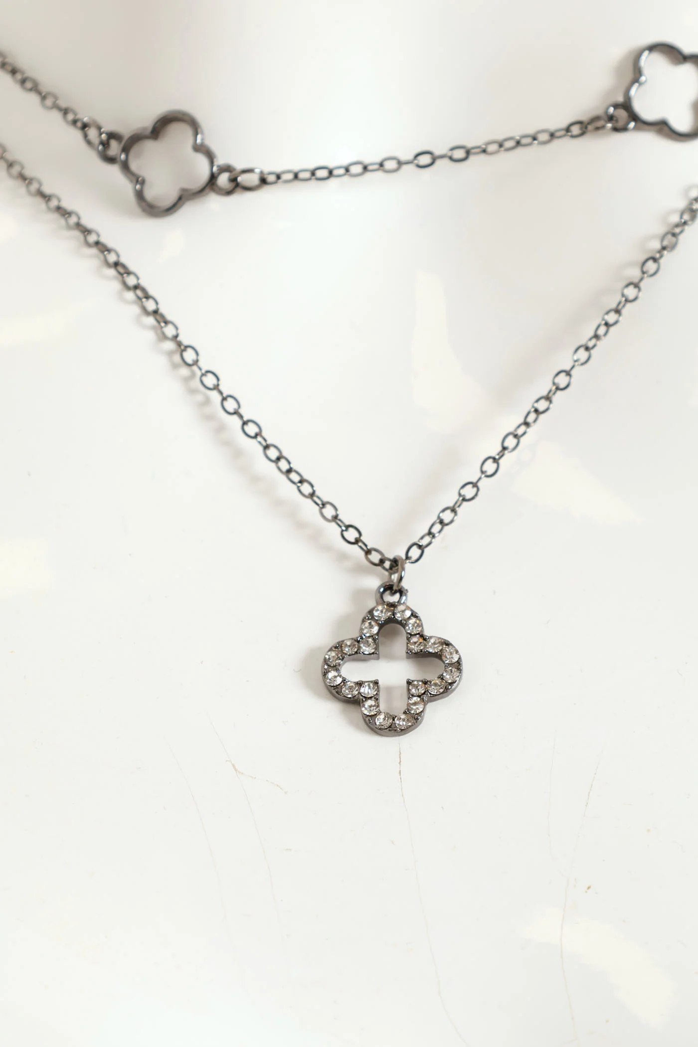 2 Layer Diamante Flower Pendant Necklace & Diamante Earrings - Silver