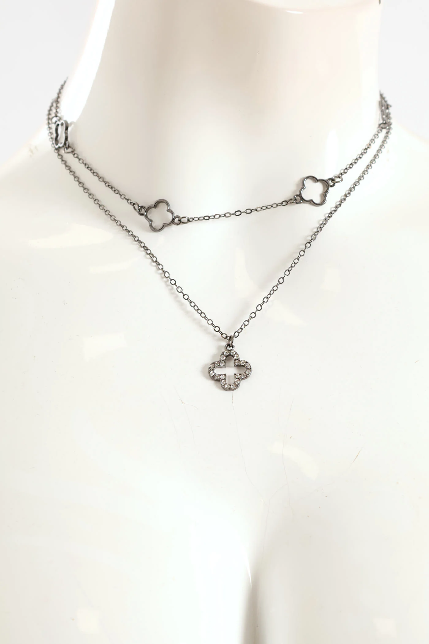 2 Layer Diamante Flower Pendant Necklace & Diamante Earrings - Silver - Image 3