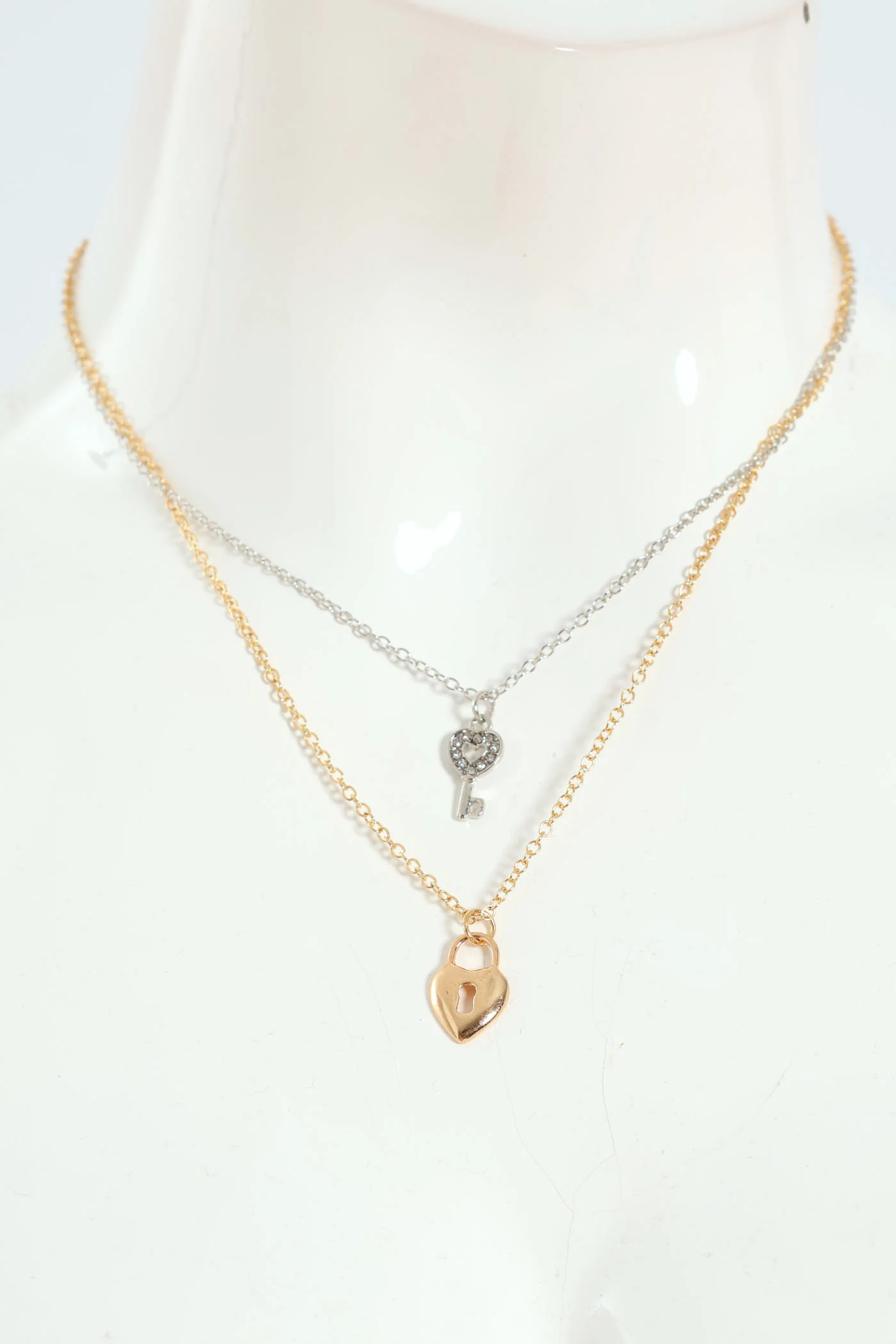 2 Layer Diamante Heart And Lock Pendant Necklace - Silver