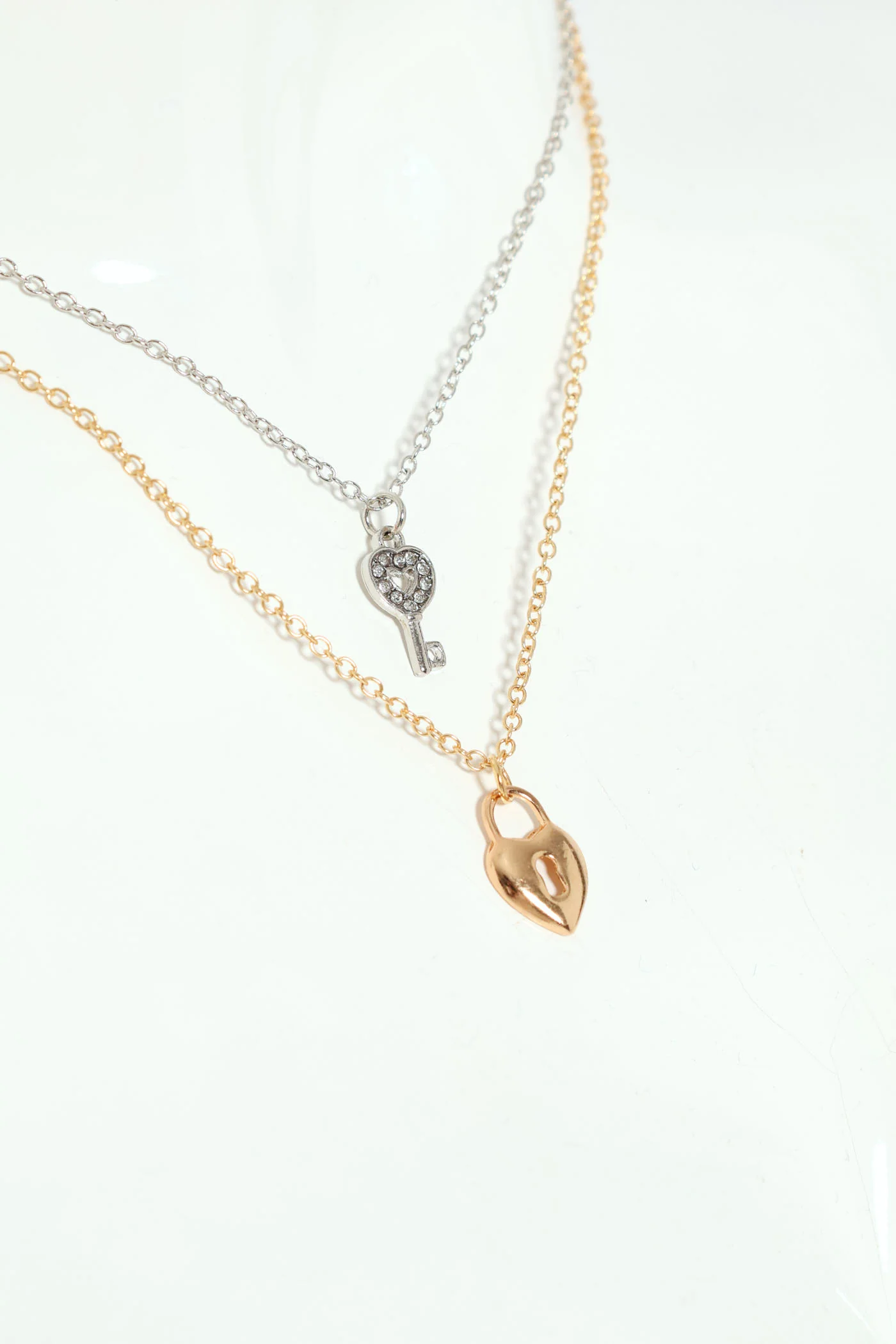 2 Layer Diamante Heart And Lock Pendant Necklace - Silver - Image 2
