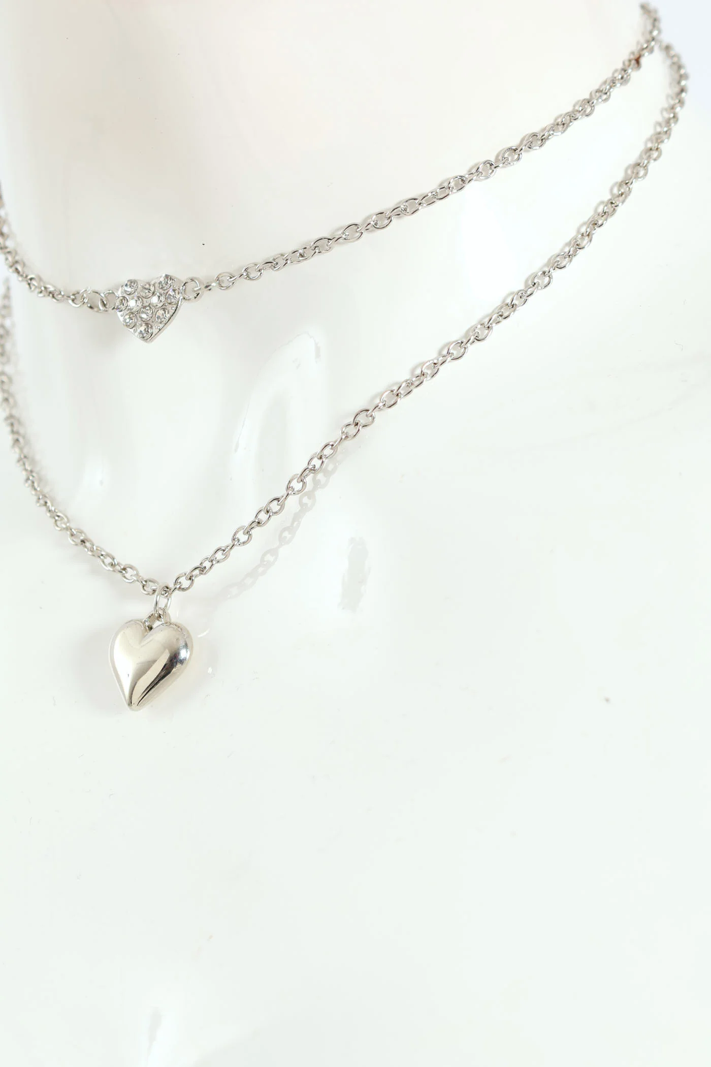 2 Layer Diamante Heart & Solid Heart Necklace - Silver - Image 3
