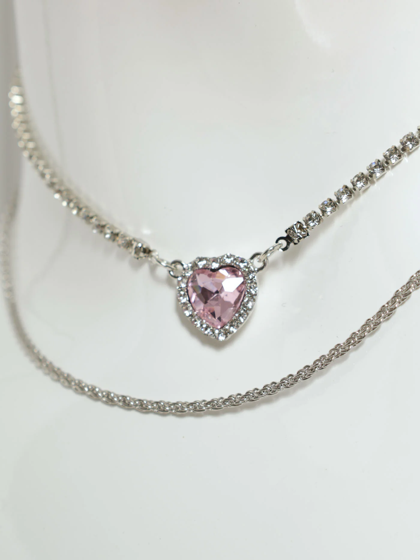 2 Layer Diamante Heart Pendant Statement Necklace - Pink - Image 4
