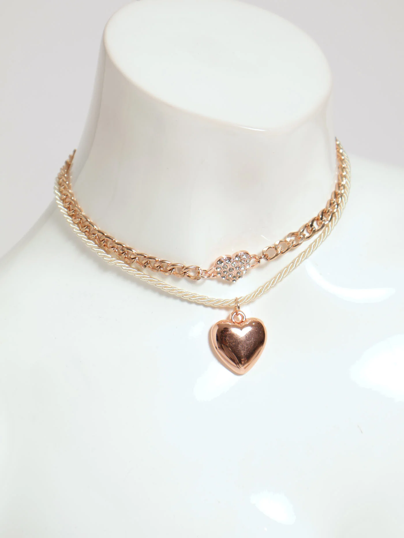 2 Layer Diamante & Heart Rope Necklace - Rose Gold
