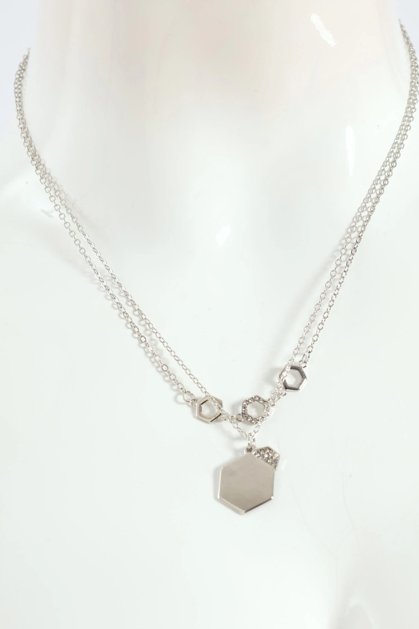 2 Layer Diamante Hexagon Pendant Necklace - Silver