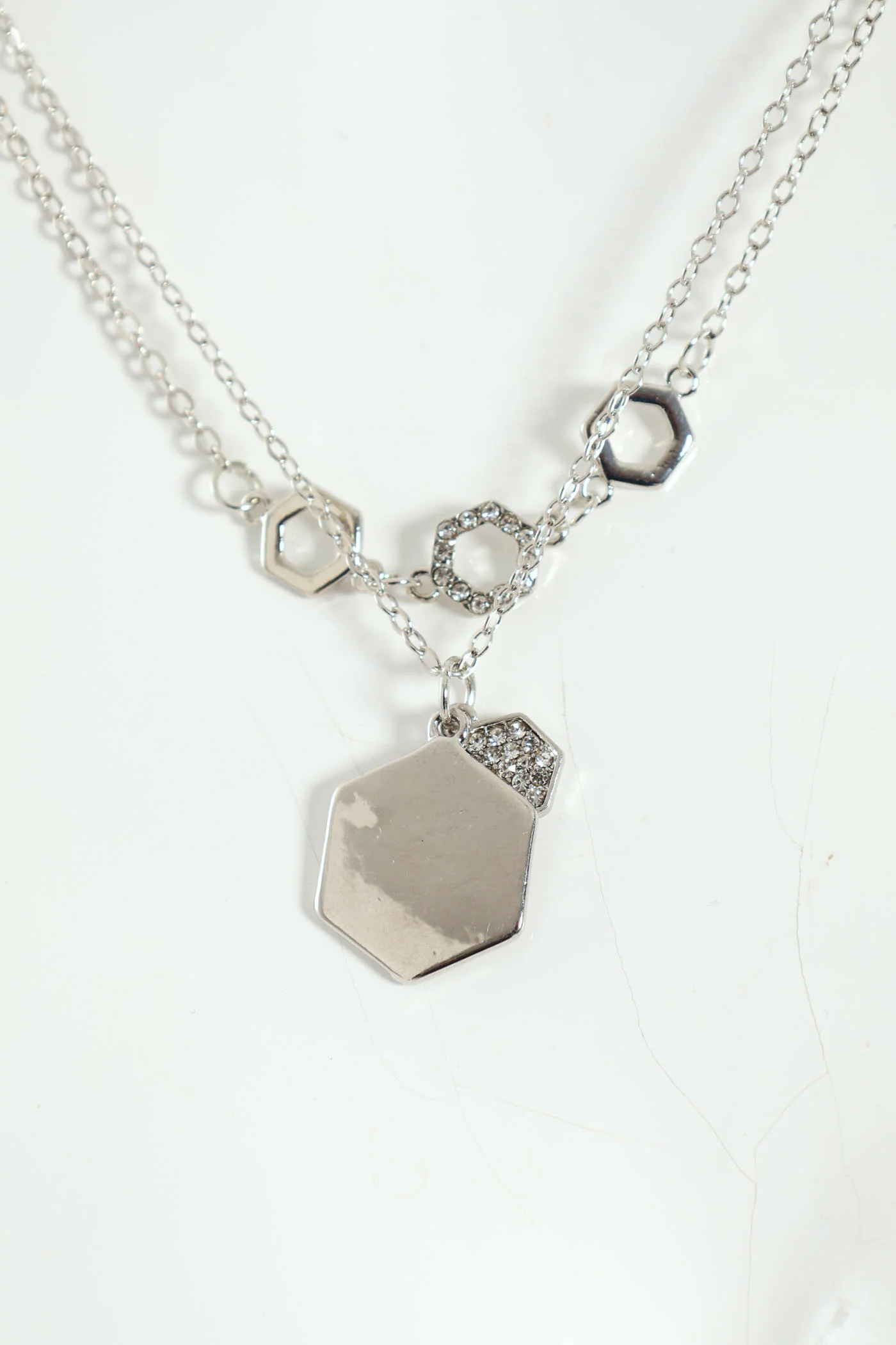 2 Layer Diamante Hexagon Pendant Necklace - Silver - Image 3