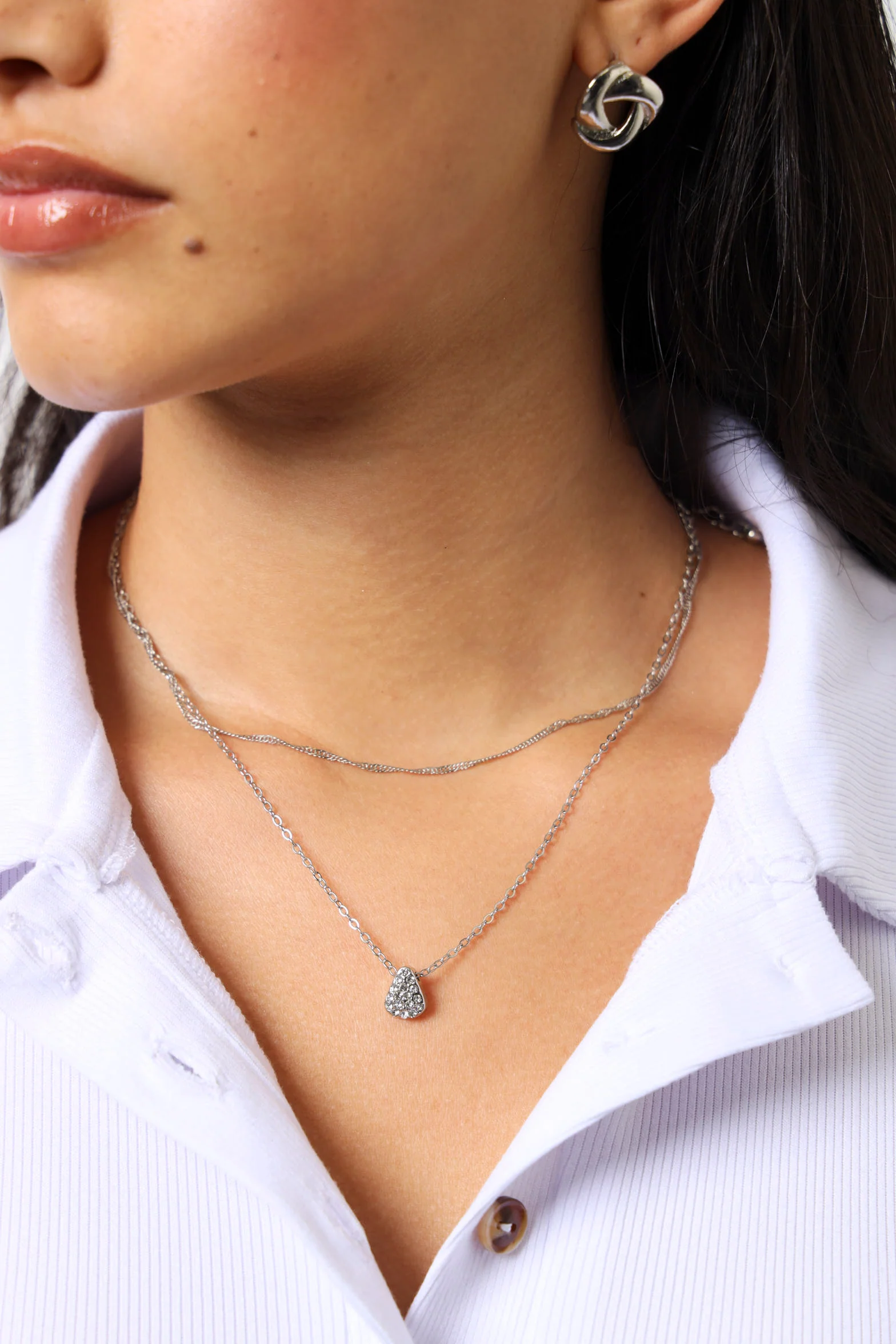 2 Layer Diamante Teardrop Pendant Necklace - Silver - Image 2