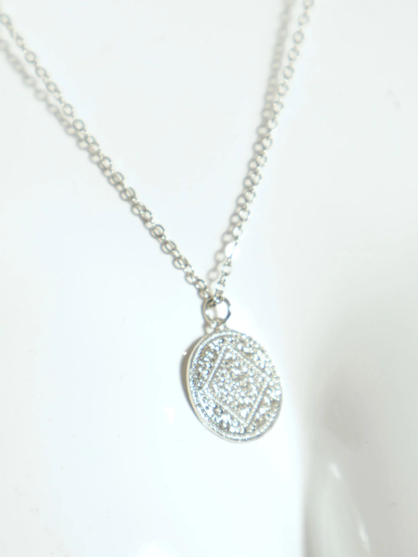 2 Layer Disc Necklace & Diamante Studs - Silver - Image 3