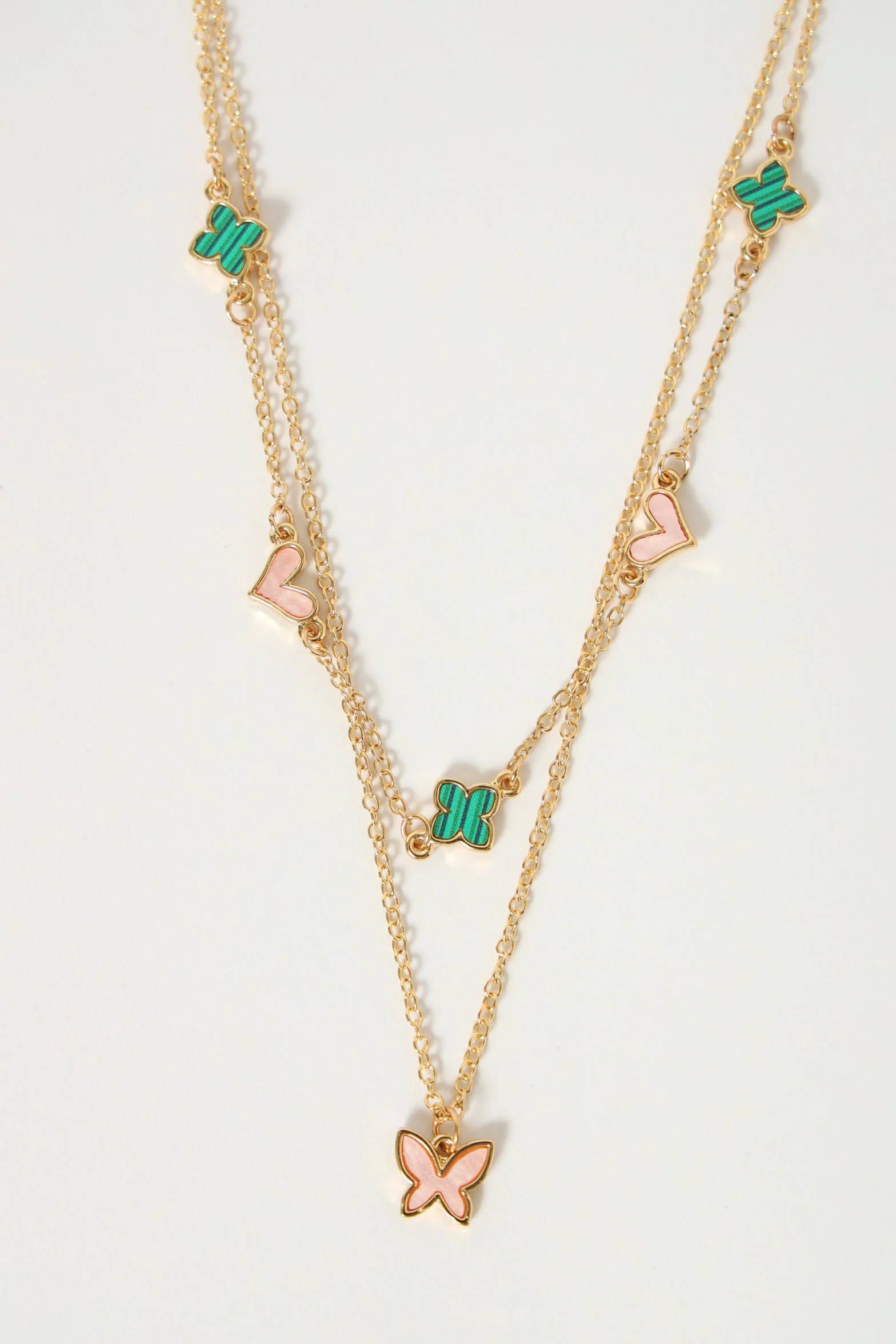 2 Layer Epoxy Flower Butterfly & Heart Charm Necklace - Gold - Image 3