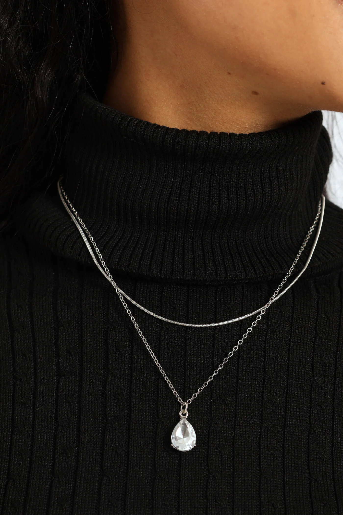 2 Layer Gem Pendant Necklace & Matching Earrings - Silver - Image 3