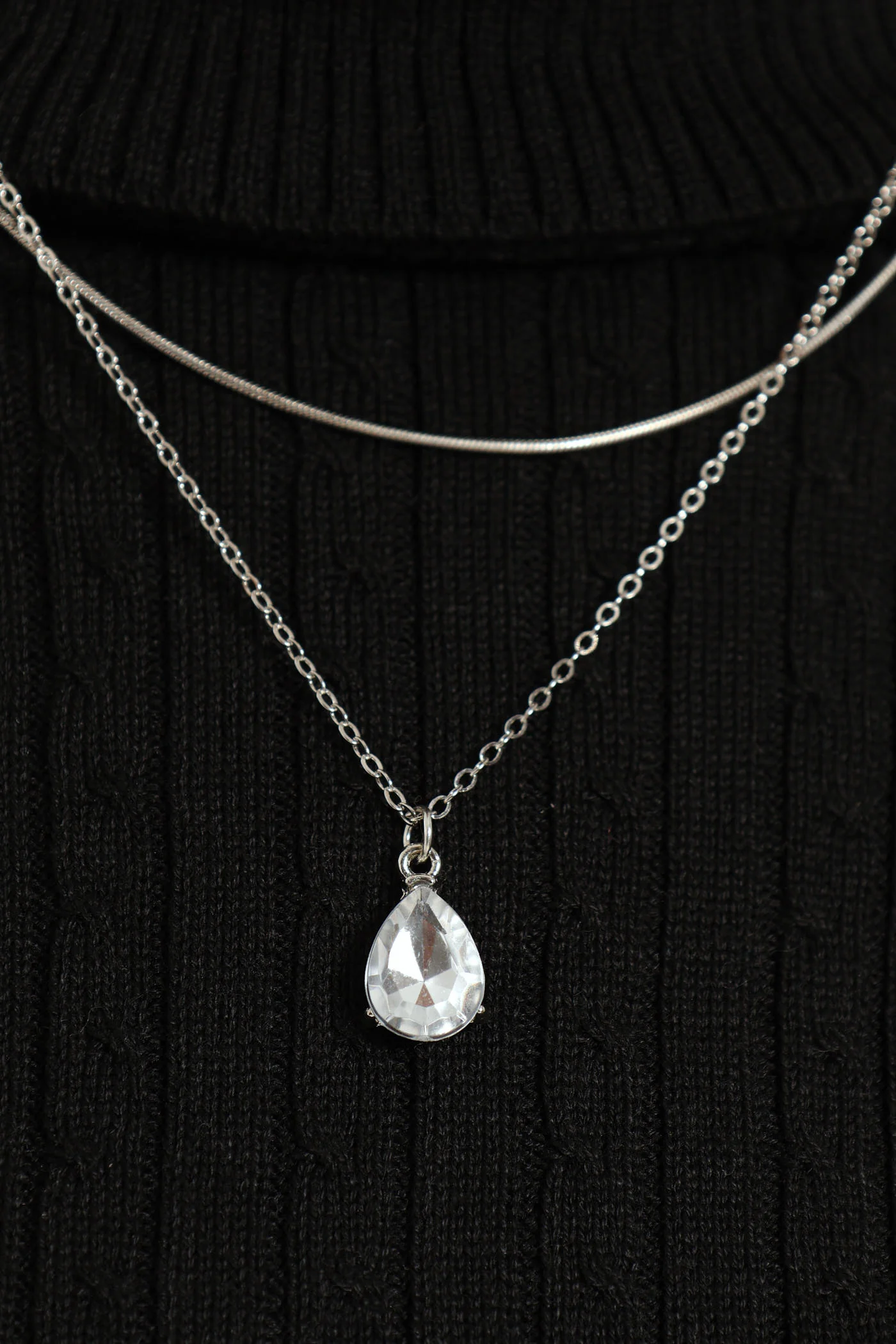 2 Layer Gem Pendant Necklace & Matching Earrings - Silver - Image 4