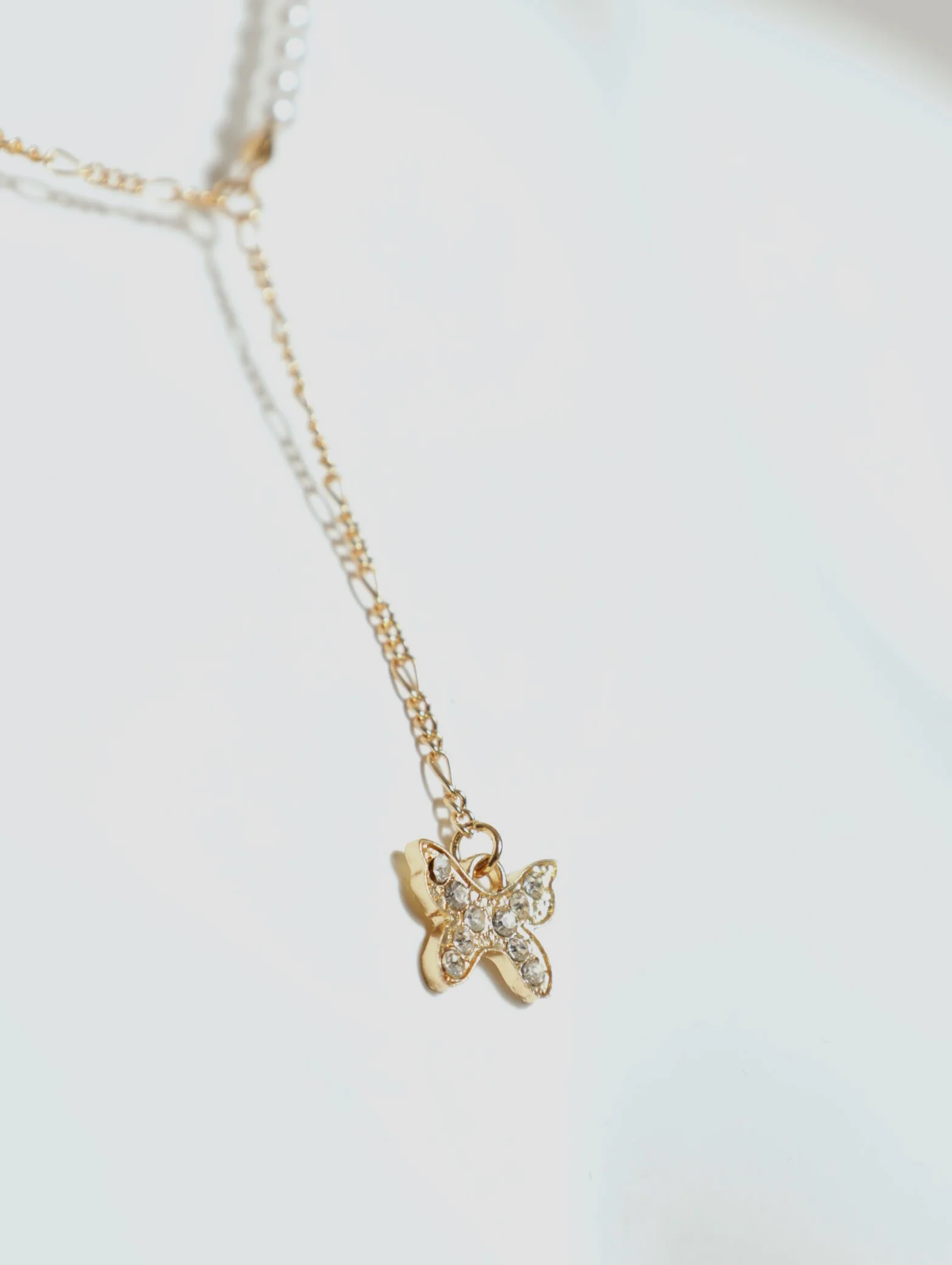 2 Layer Hanging Disc & Diamante Butterfly Necklace - Image 2
