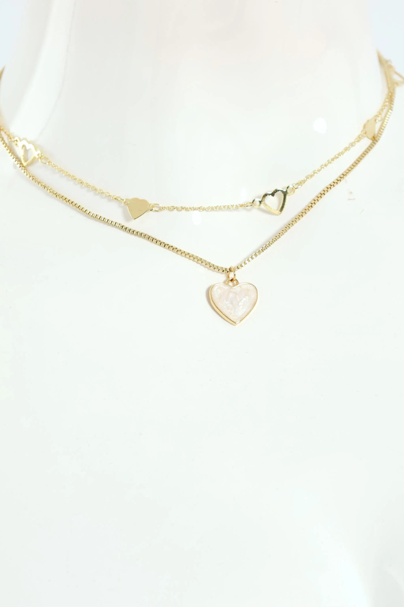 2 Layer Heart & Epoxy Pendant Necklace With Matching Earring - Gold