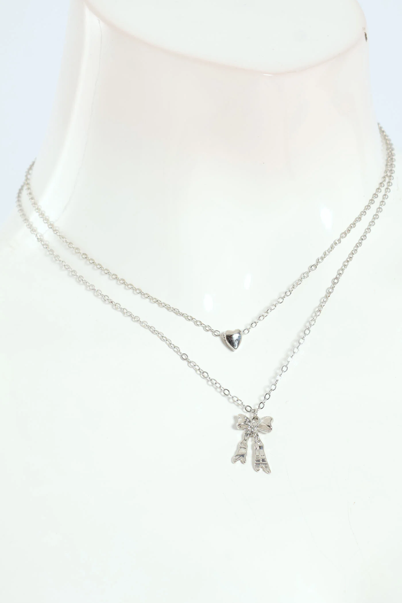 2 Layer Heart & Bow Necklace - Silver