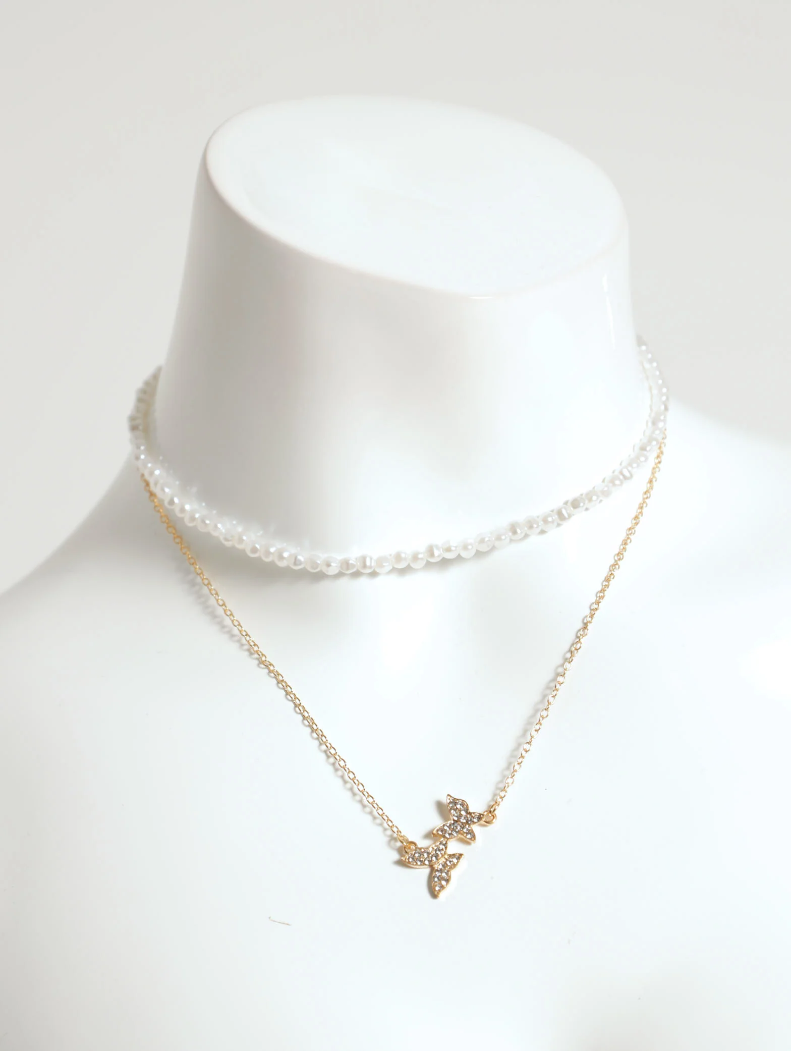 2 Layer Pearl & Butterfly Pendant Necklace