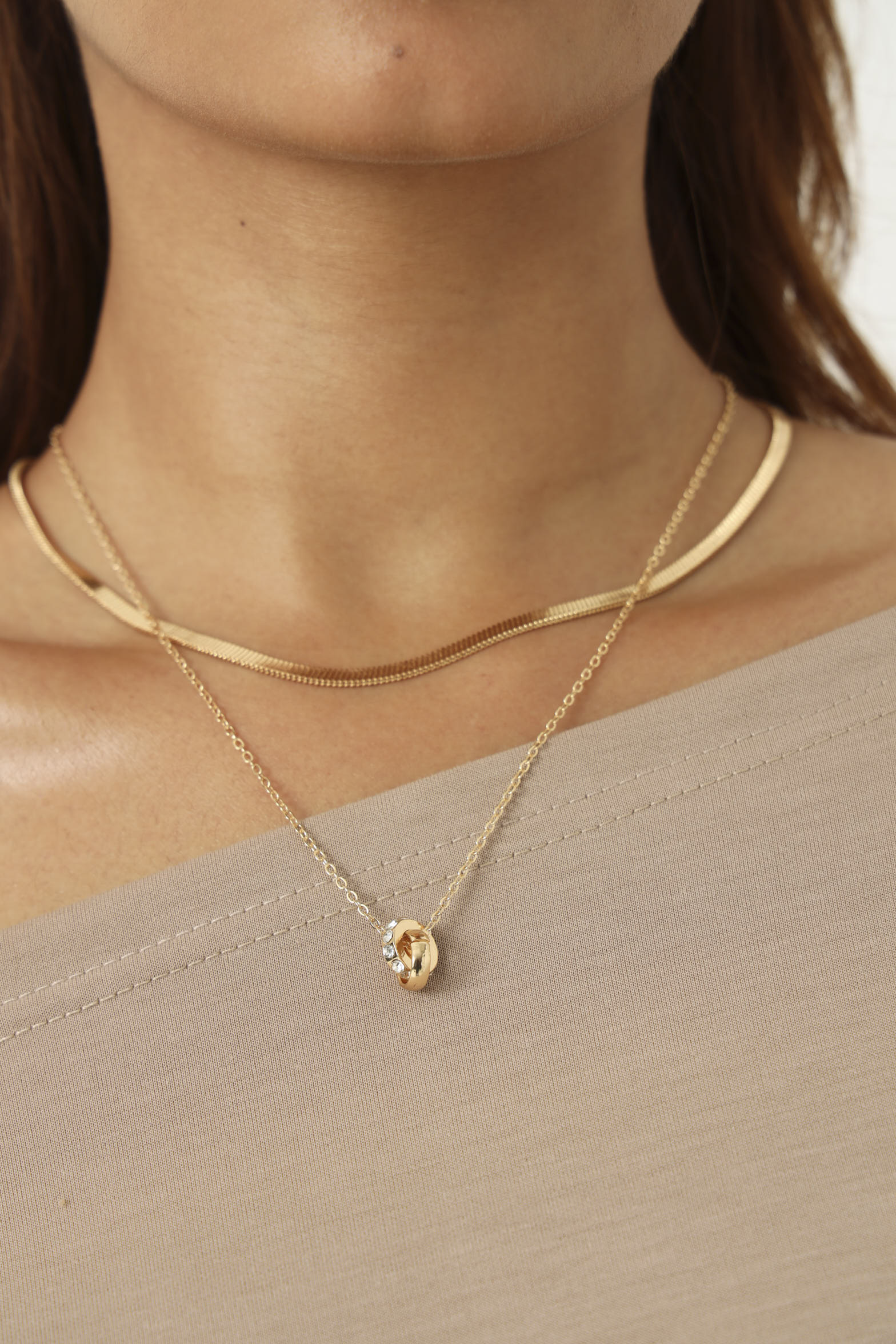 2 Layer Snake Chain & Diamante Pendant Necklace - Gold