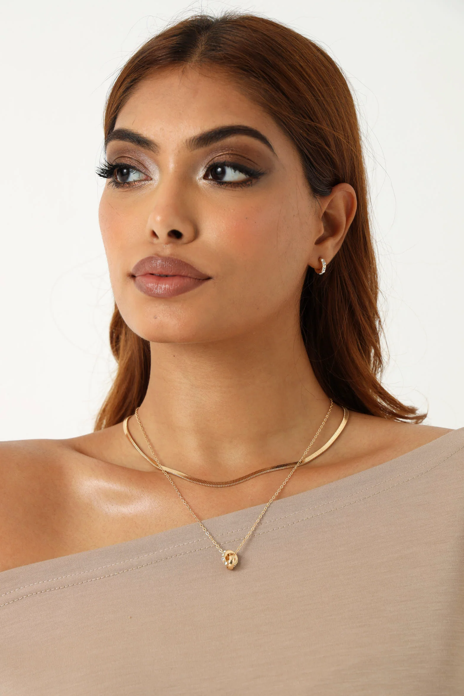 2 Layer Snake Chain & Diamante Pendant Necklace - Gold - Image 3
