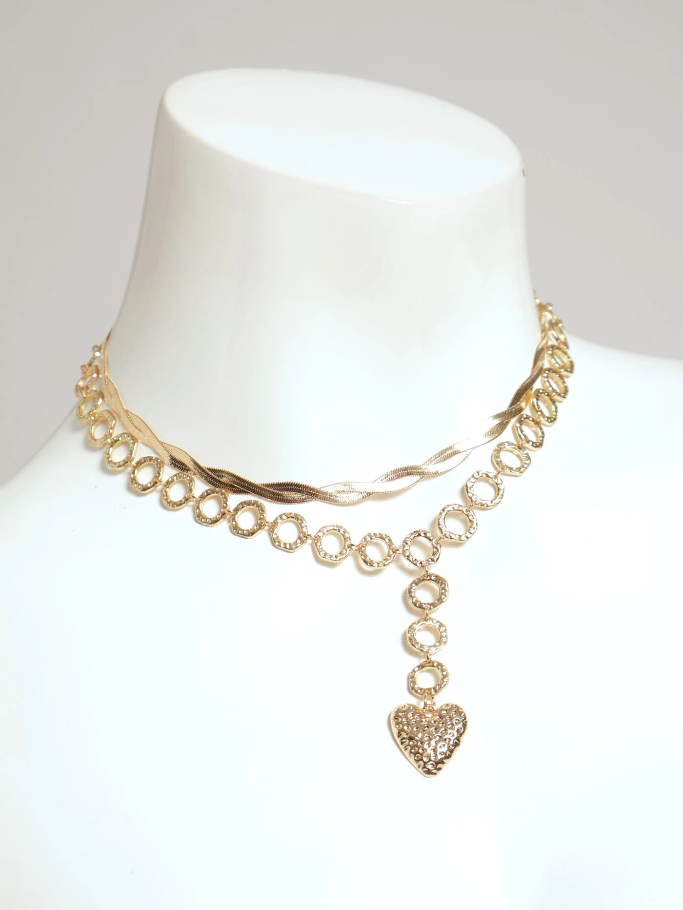 2 Layer Twisted Snake & Lariat Heart Necklace - Gold