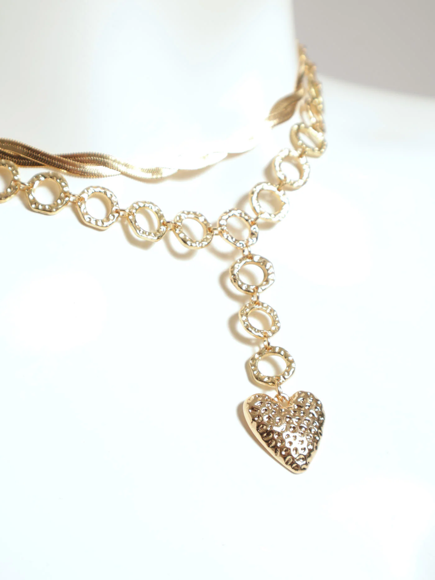 2 Layer Twisted Snake & Lariat Heart Necklace - Gold - Image 2