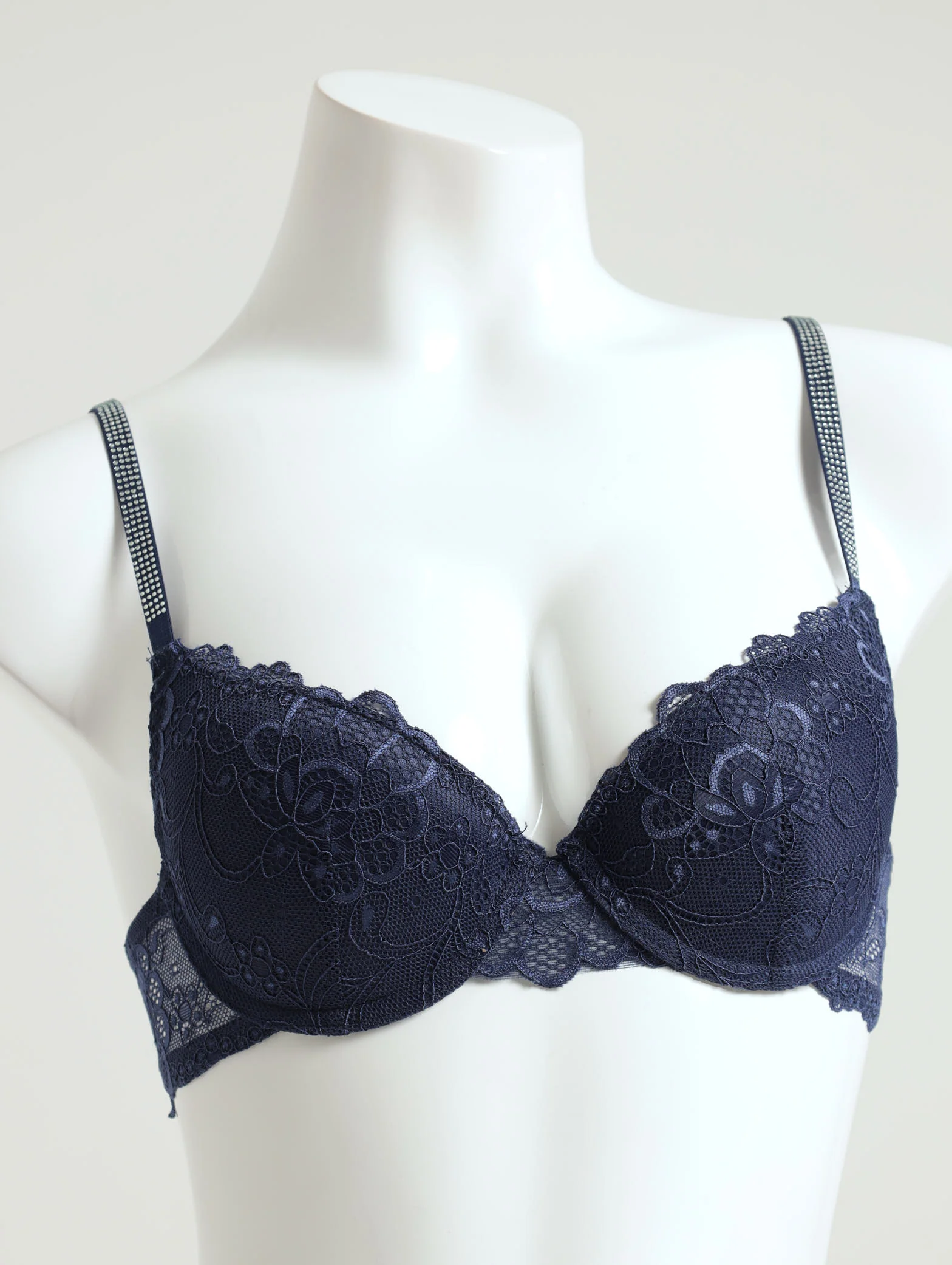 2 Pack Diamante Strap Plunge Bra - Navy