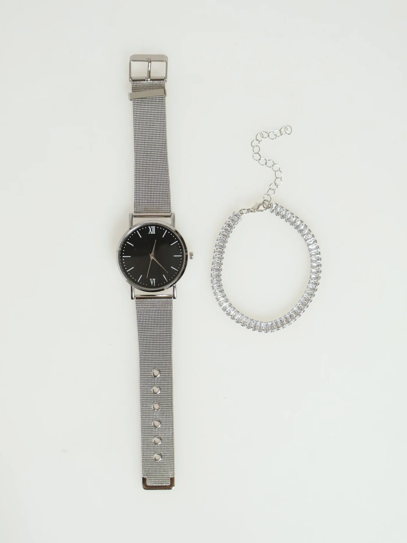 2 Pack Mesh Strap Watch With Tennis Bracelet - Silver