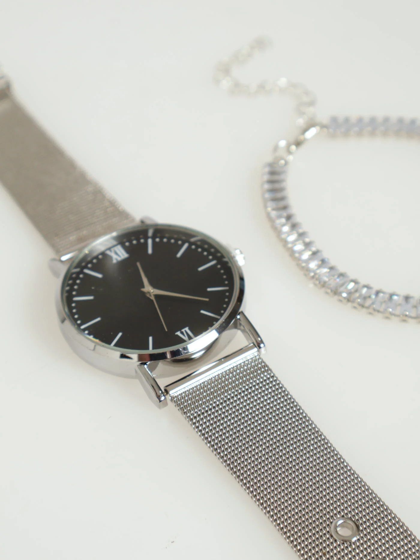 2 Pack Mesh Strap Watch With Tennis Bracelet - Silver - Image 2