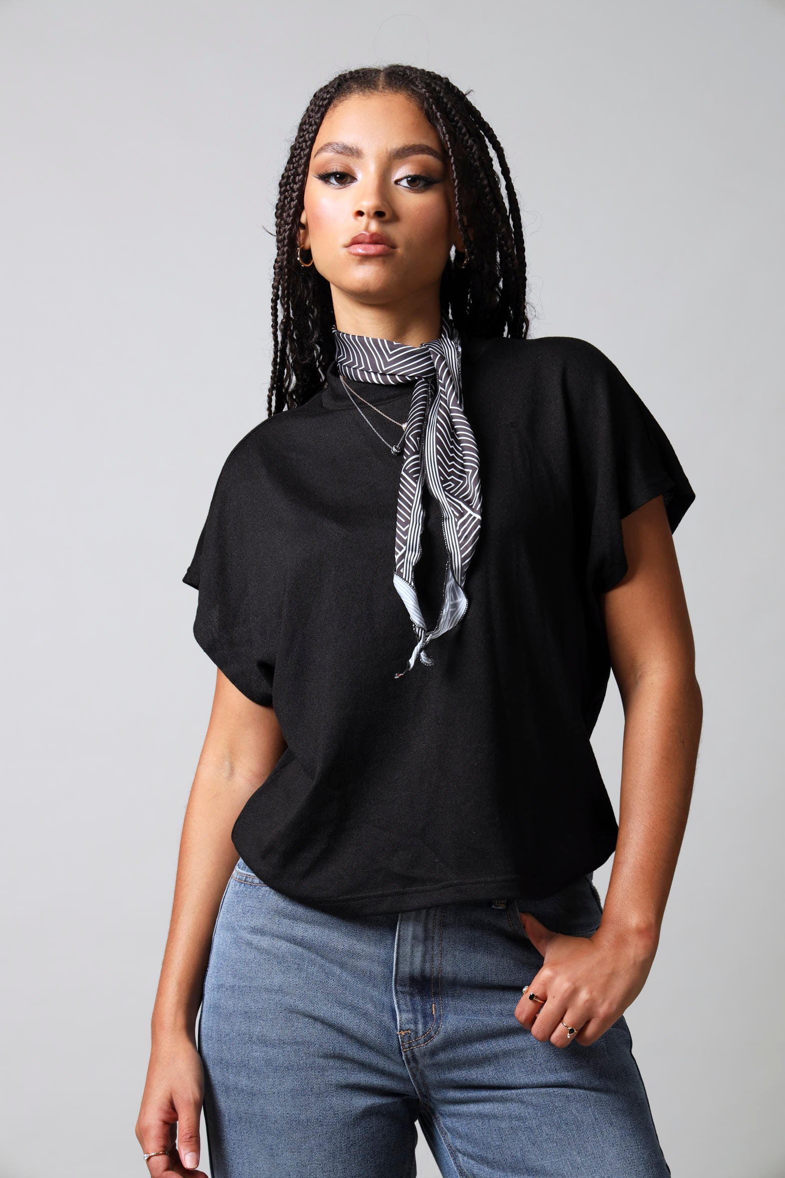 2 Pack Stripe Satin Neck Scarves - Cream/Black