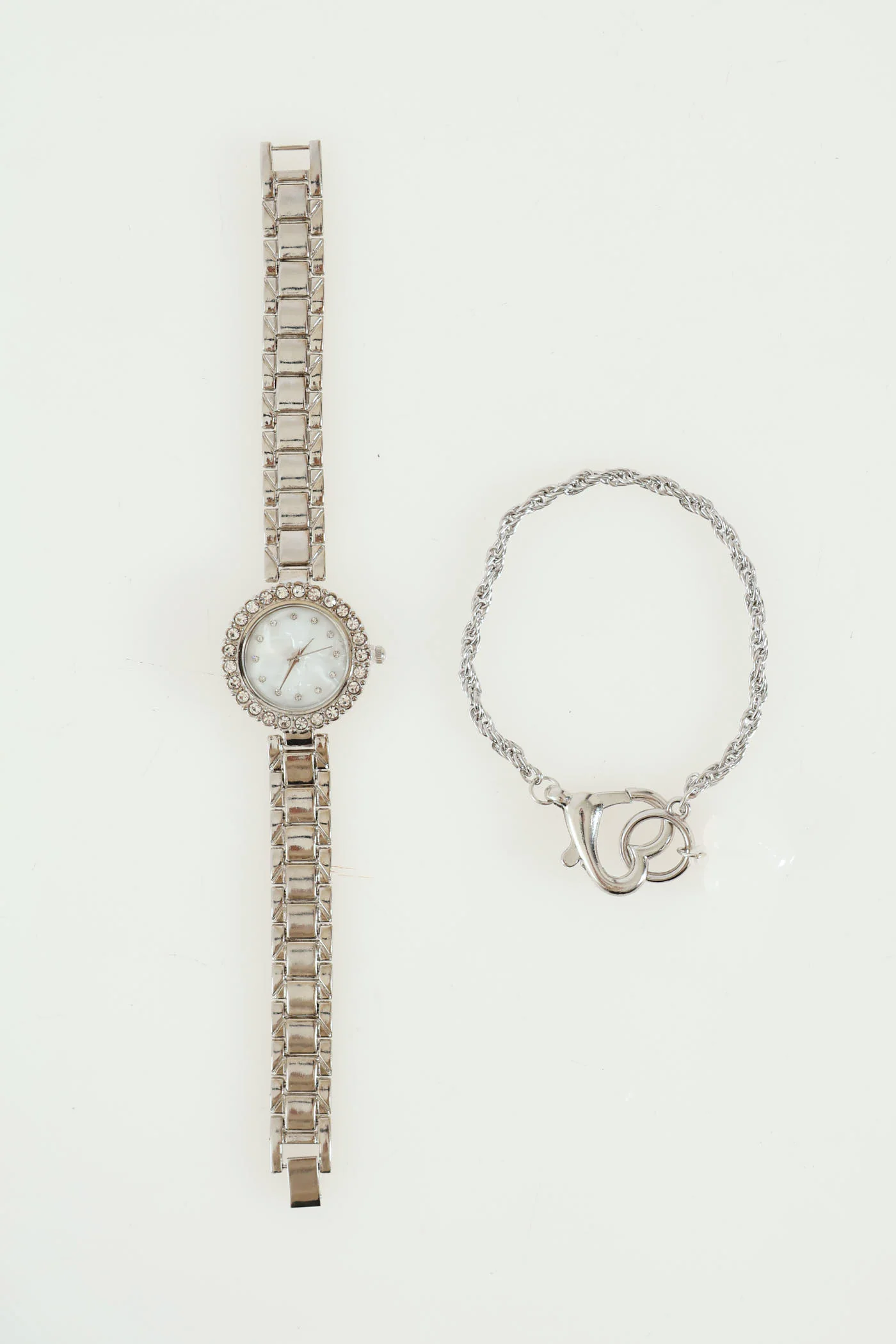 2 Tone Metal Strap Diamante Dial Watch & Bracelet - Silver