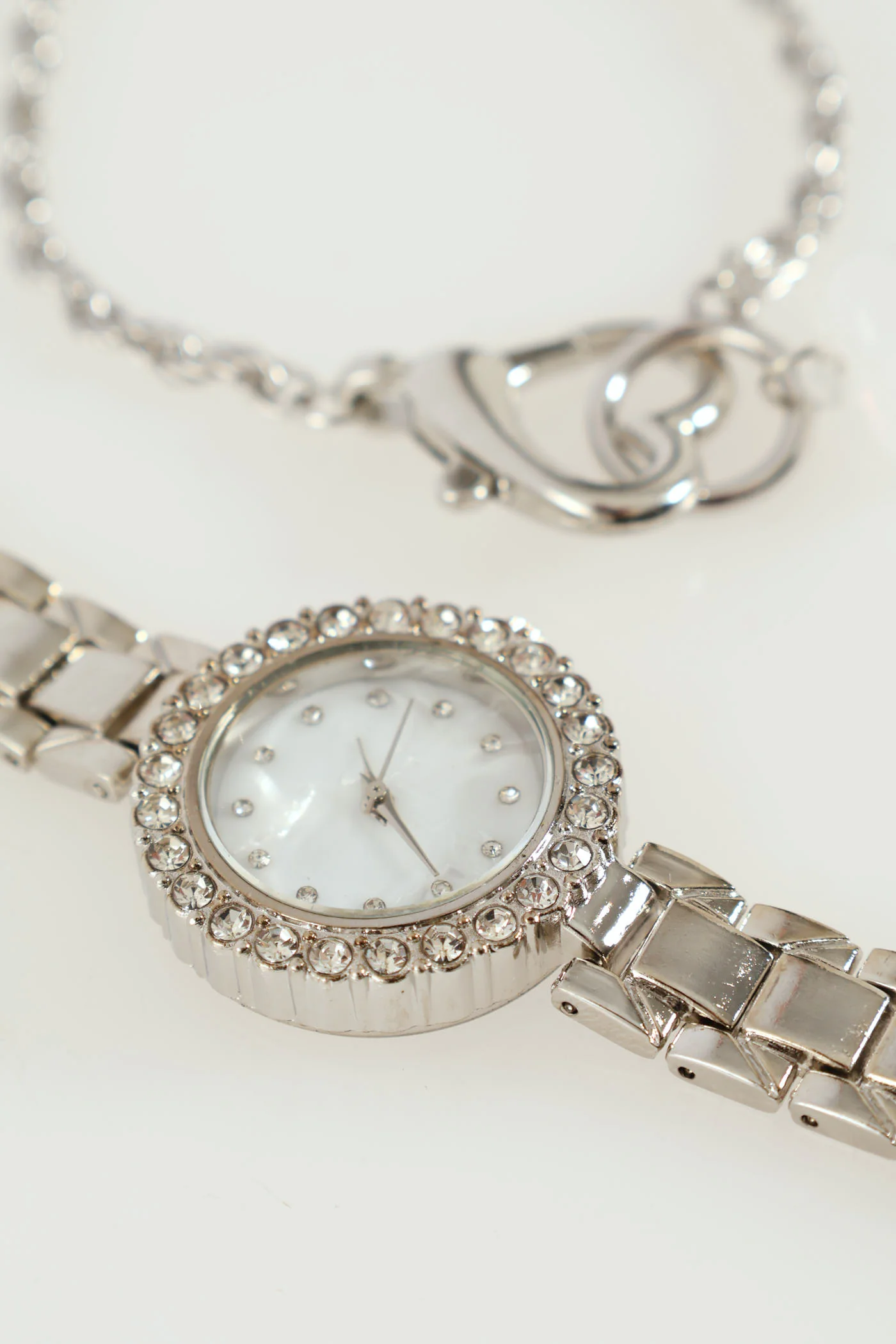 2 Tone Metal Strap Diamante Dial Watch & Bracelet - Silver - Image 3