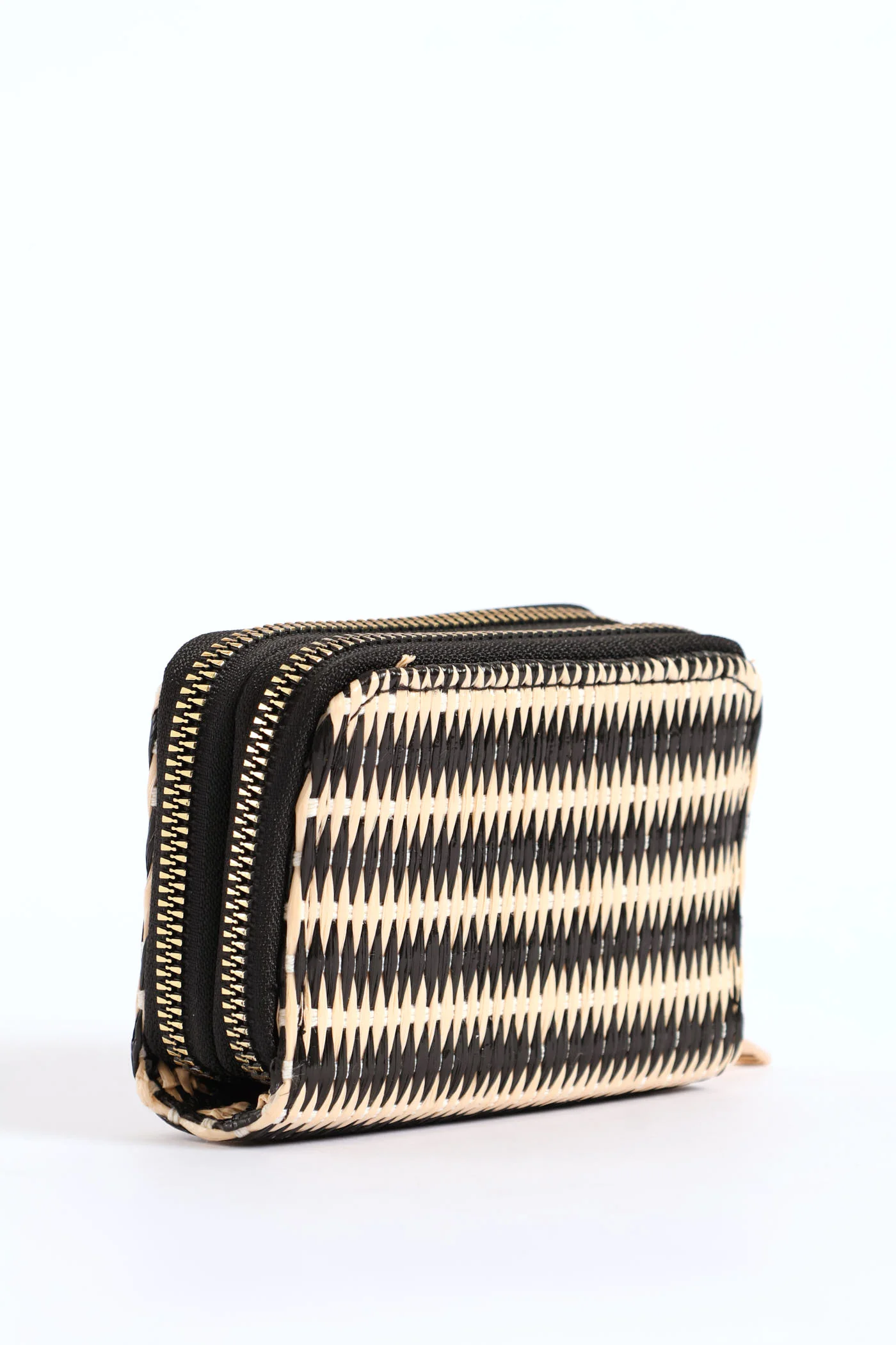 2 Tone Straw Double Zip Wallet - Black - Image 5