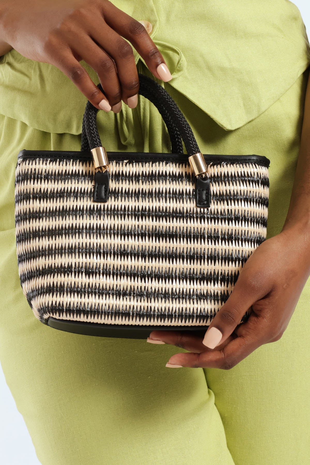 2 Tone Straw Mini Tote Bag - Natural