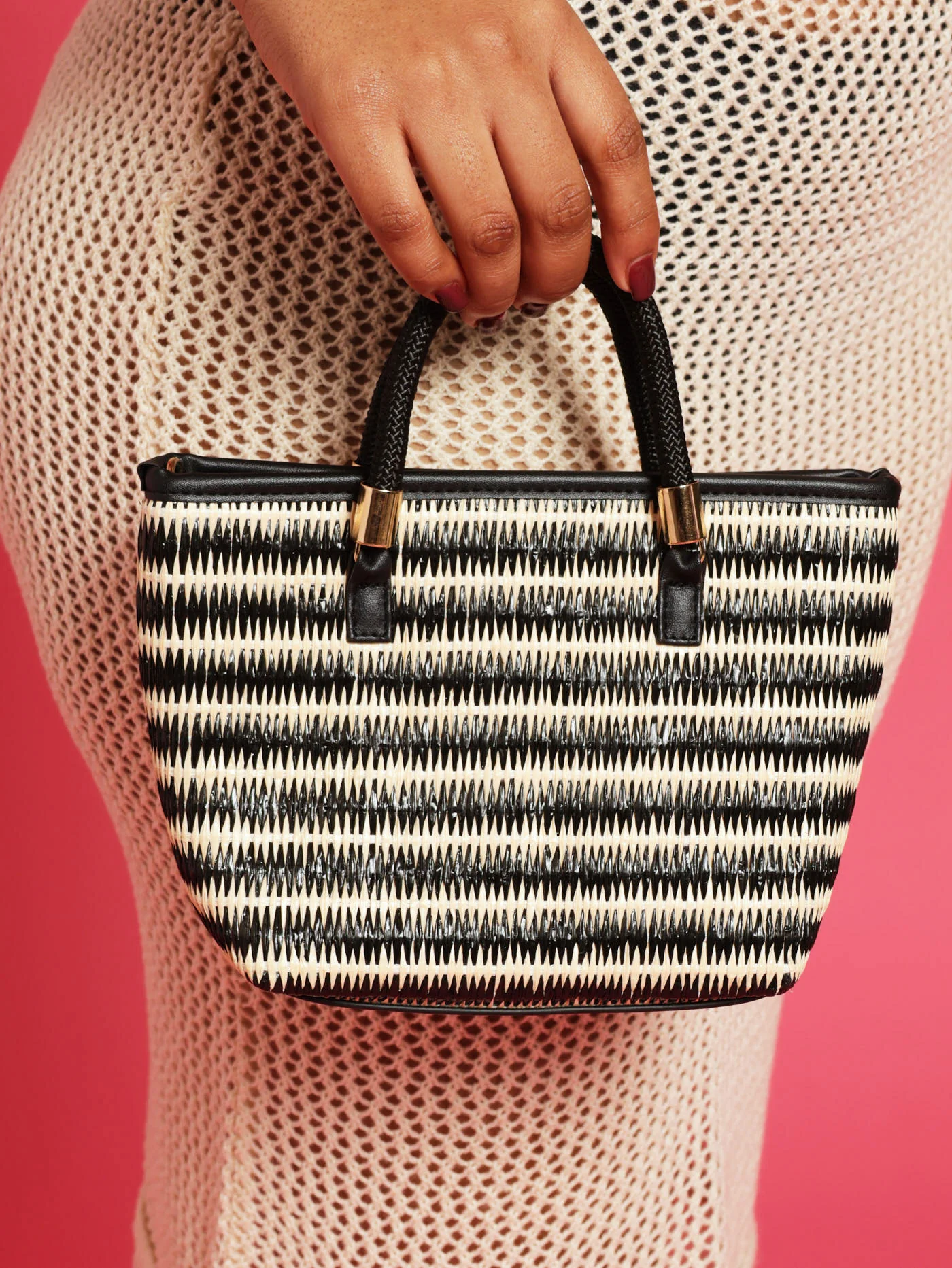 2 Tone Straw Mini Tote Bag - Natural