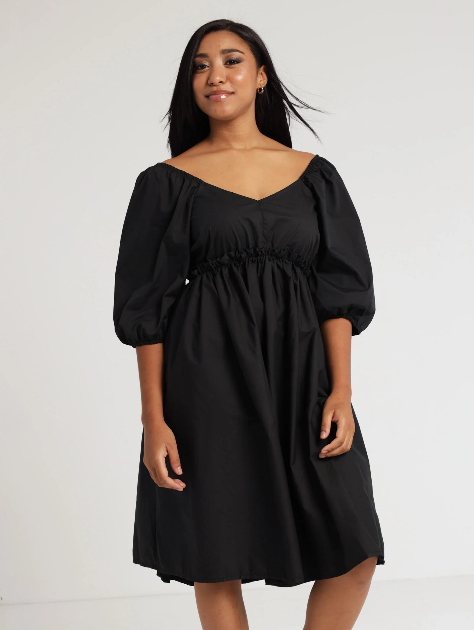 3/4 Elastic Waist Poplin Dress - Black