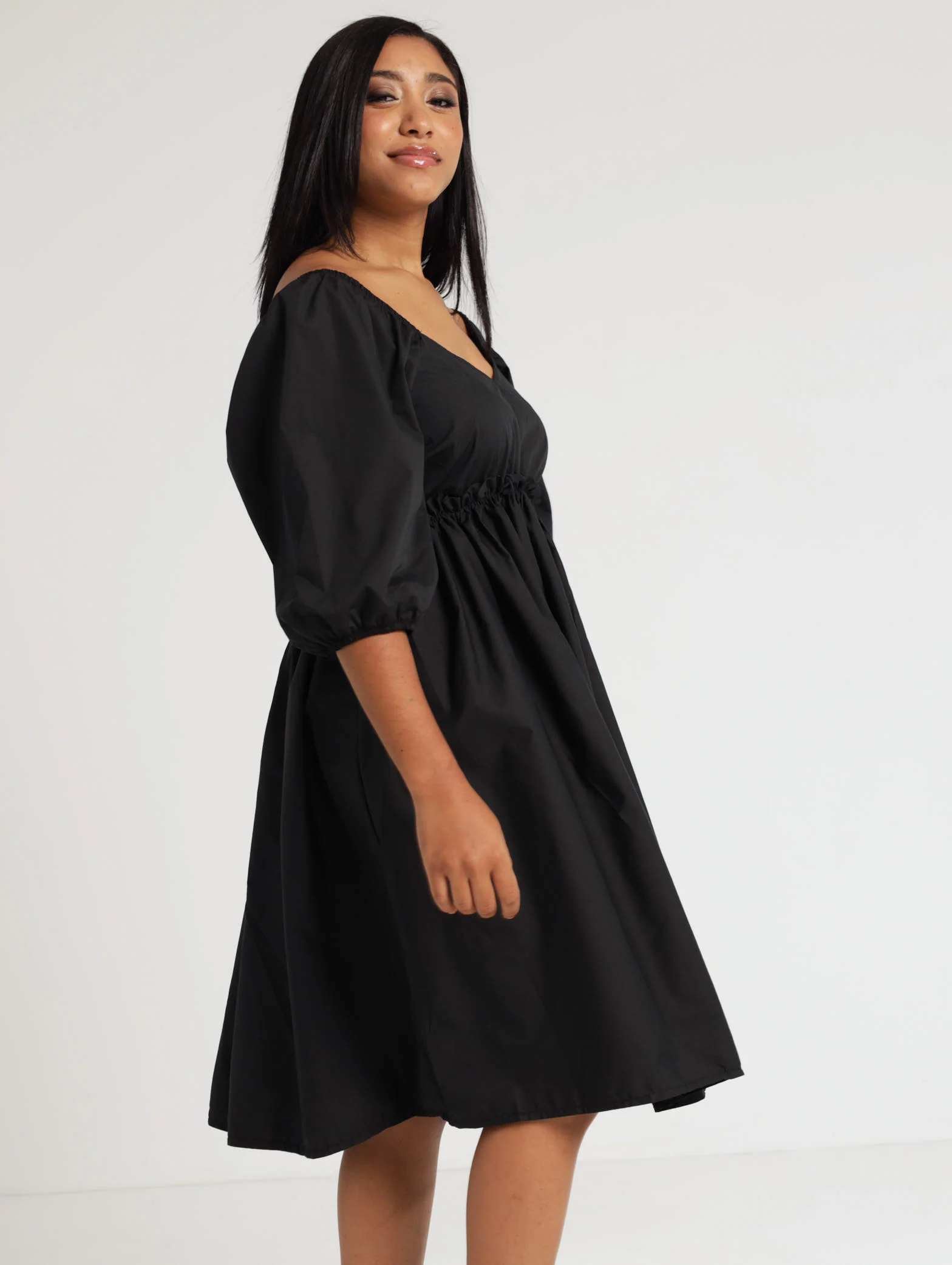 3/4 Elastic Waist Poplin Dress - Black - Image 3