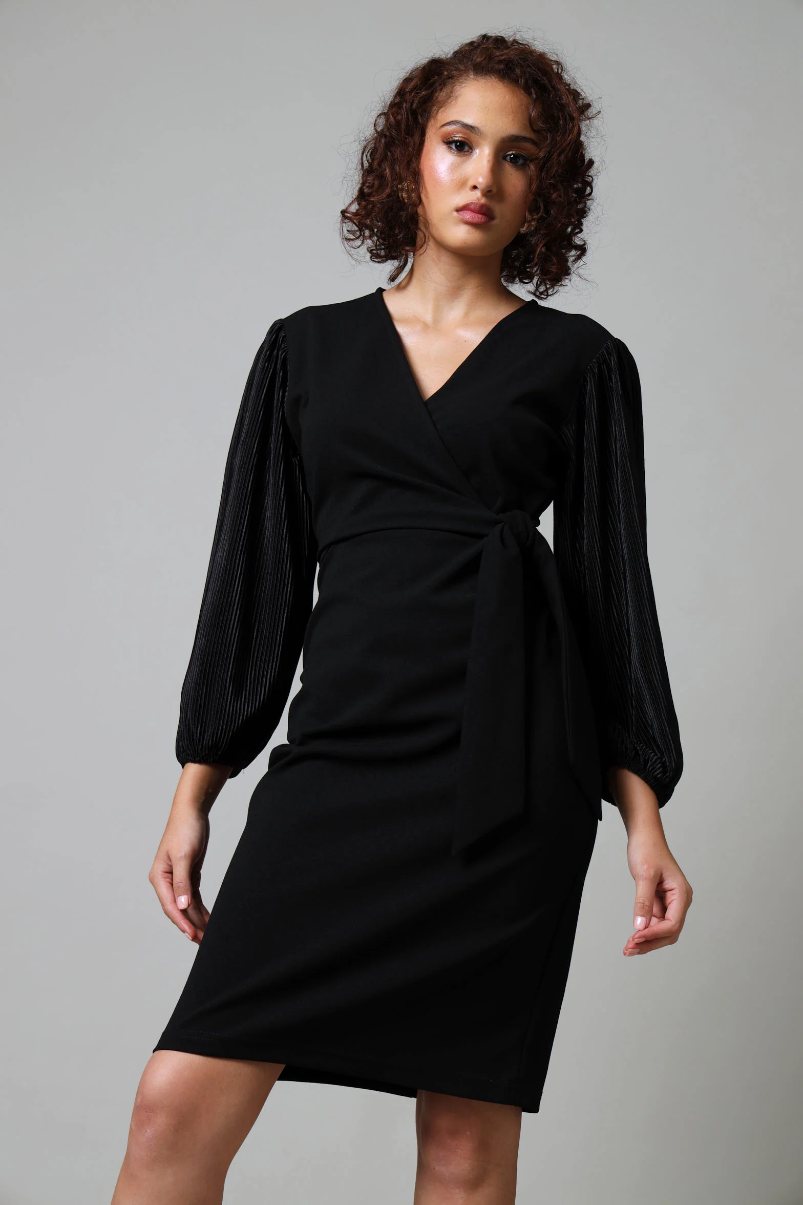 3/4 Sleeve  Bodre Wrap Dress - Black