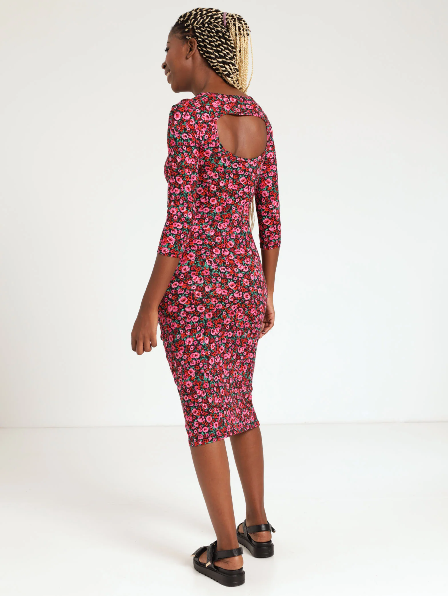3/4 Sleeve Floral Knit Rouched Side Bodycon Dress - Multi - Image 3