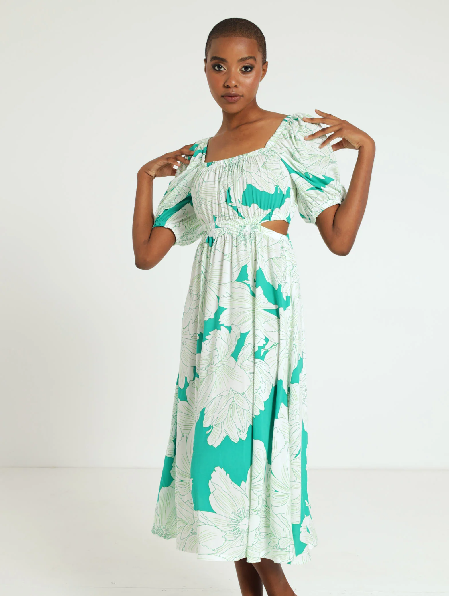 3/4 Sleeve Large Floral Midi Dress