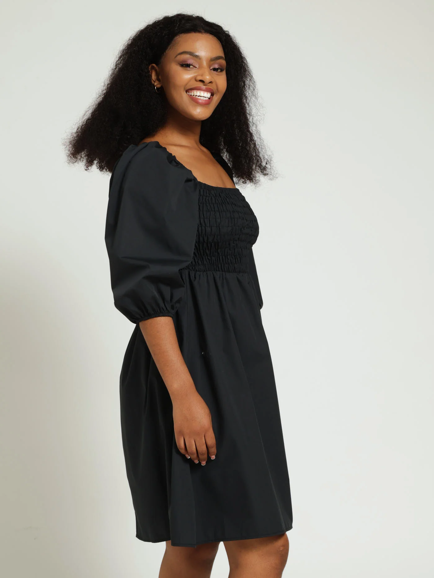 3/4 Sleeve Shirred Bodice Mini Dress - Black - Image 2