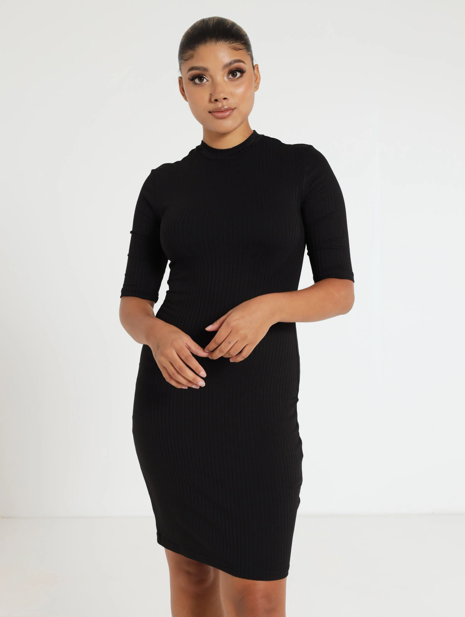 3/4 Sleeve Turtle Neck Ribbed Dress