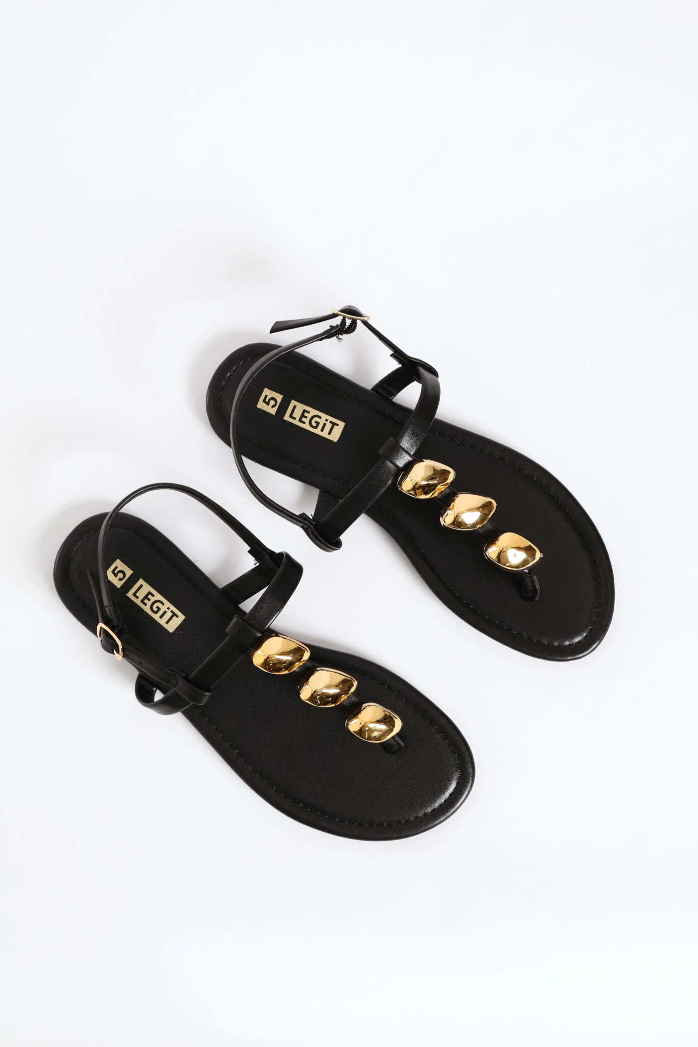 3 Gold Bead Backstrap Thong Sandal - Black - Image 2