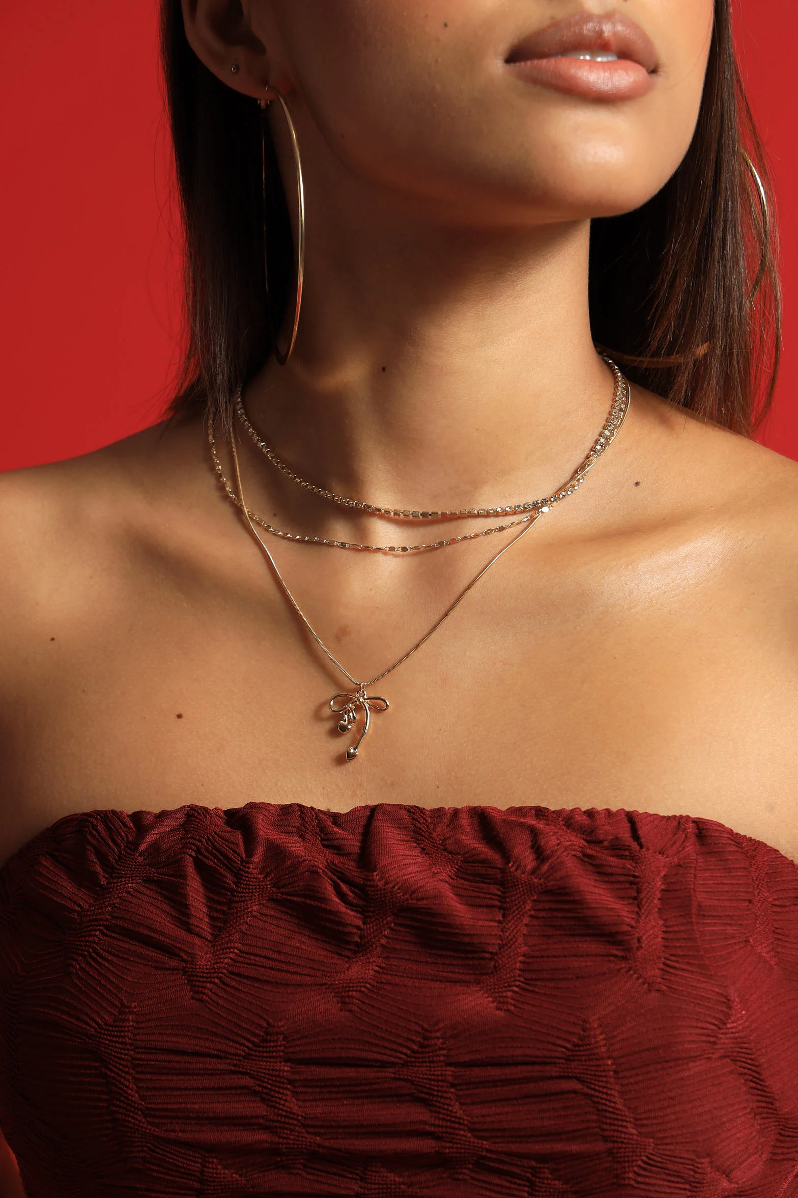 3 Layer Diamante & Bow Detail Necklace - Gold - Image 4