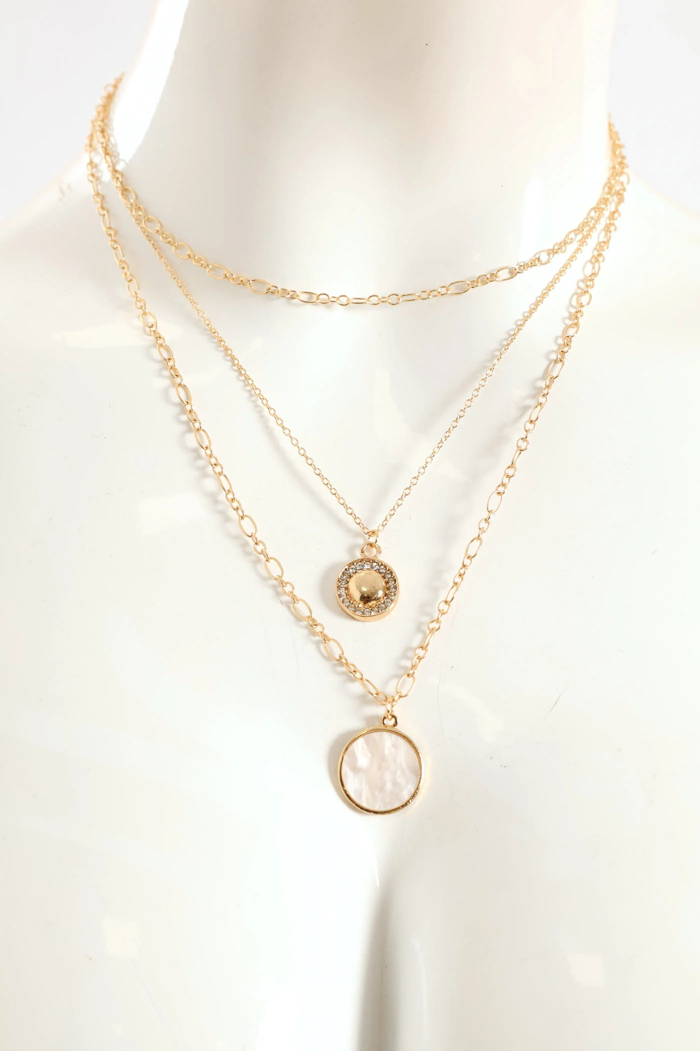 3 Layer Diamante & Epoxy Disk Necklace - Gold