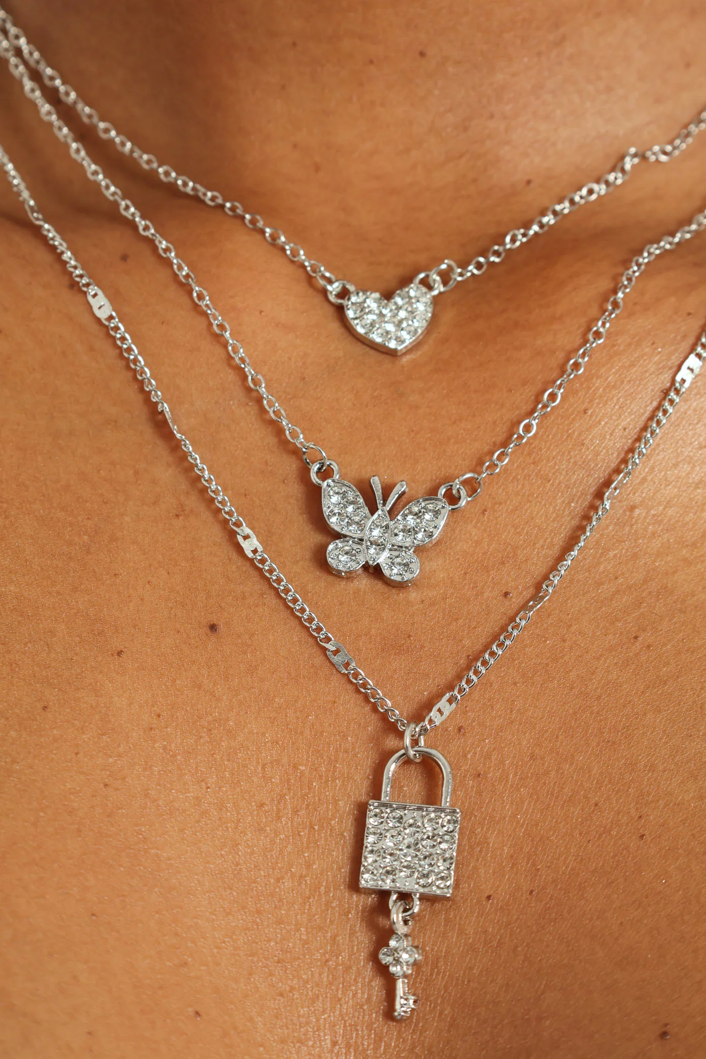 3 Layer Diamante Heart Butterfly And Lock Necklace - Silver - Image 2